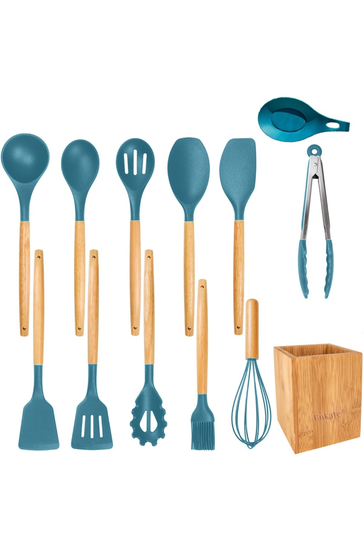 Bukate Set 13 Ustensile Bucatarie, Bukate , Lemn/silicon, Suport Inox, Antiaderente, Termorezistente - One Size
