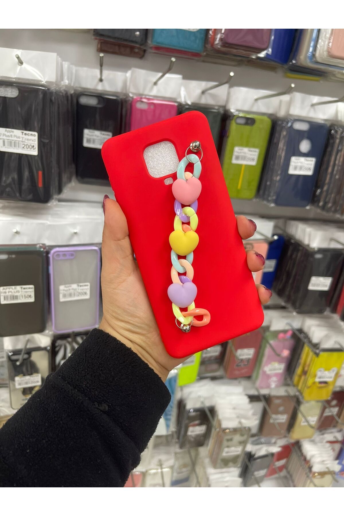 TECNOTREND Redmi Note 9 Pro/Note 9s Uyumlu kalpli boncuklu el tutamalı lansman silikon kılıf