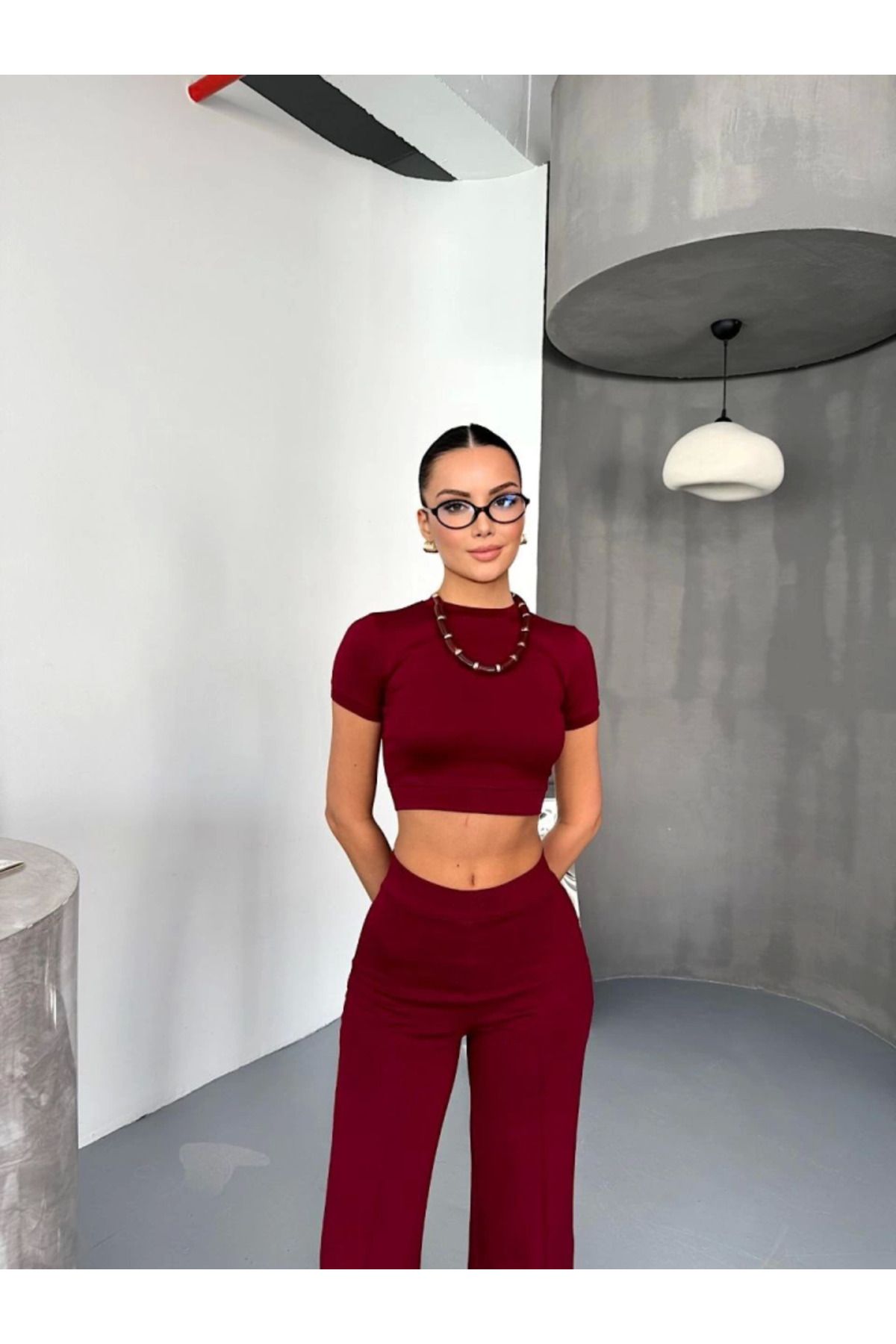modaserdem-Osy Modal Soft Textured Fabric Short Sleeve Crop Bottom Flared Leg Trousers Double Set - B 4