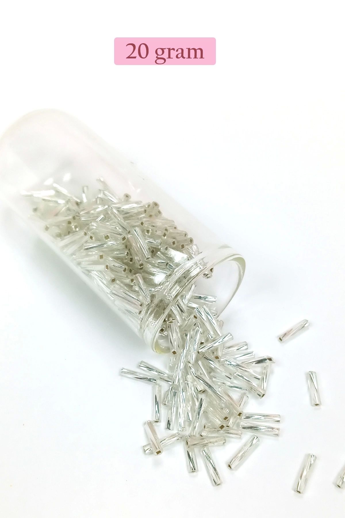 PRATİKOBA Uzun Boru Kesme Boncuk Çap 2mm Uzunluk 10 mm - 20 Gram - Parlak Gümüş - BNC257