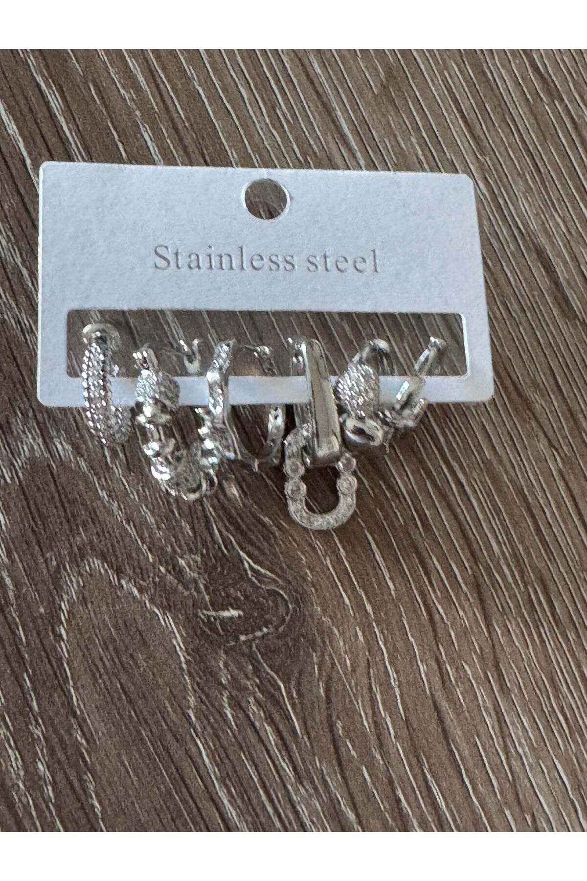 misstakıjewerly ÇELİK GÜMÜŞ RENK 6 LI KÜPE SETİ