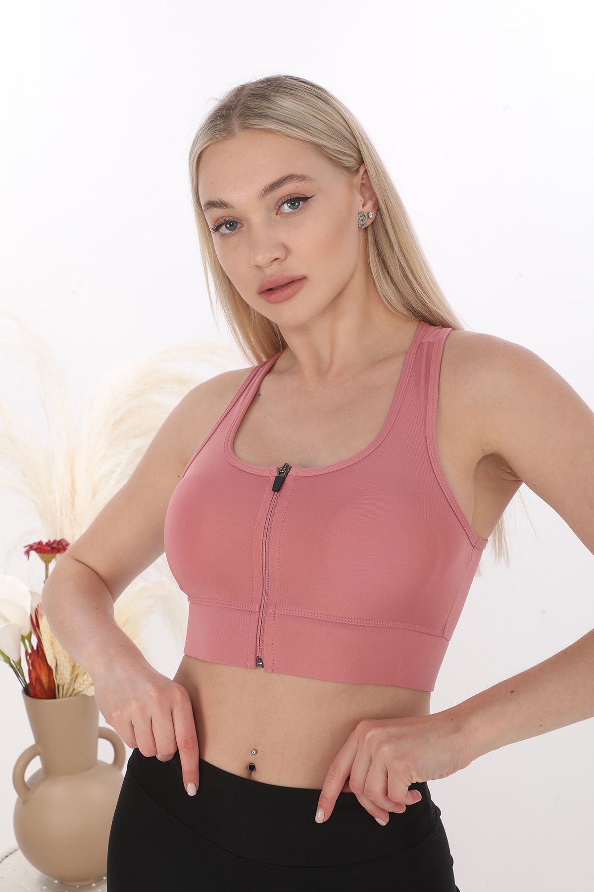 inkasole Önü Fermuarlı Sporcu Crop Büstiyer 5860 Pembe