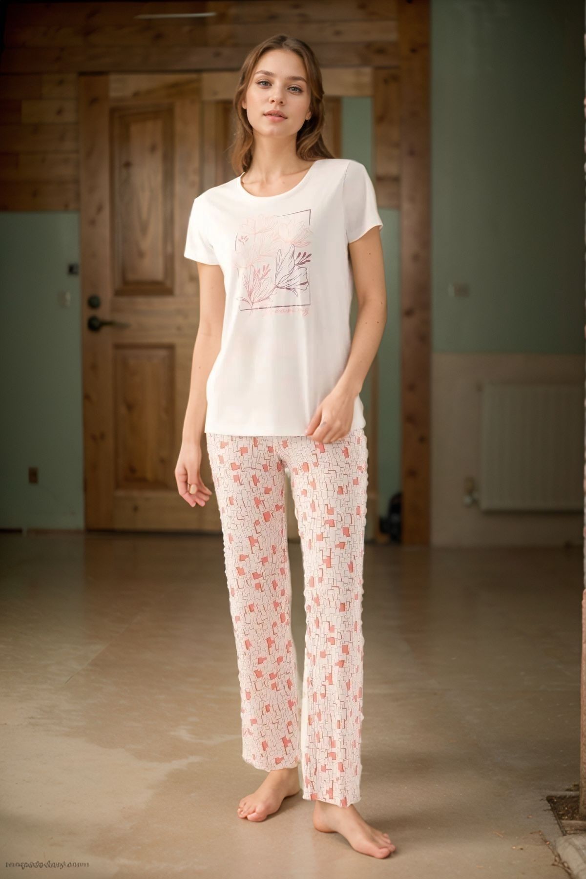 Loule Kadın Giyim Pamuklu Kısa Kol 2'li Pijama Takımı LL.AR01.NE00.TT09