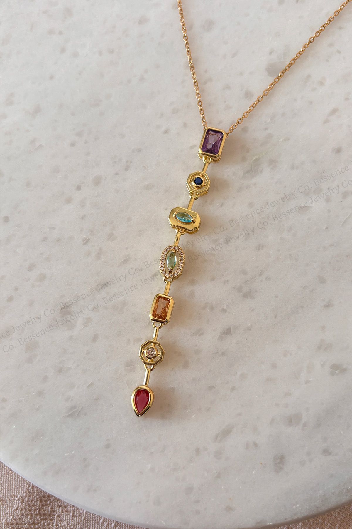Bessence Jewelry Co Renkli Zirkon Taşlı Çelik Y Model Kolye