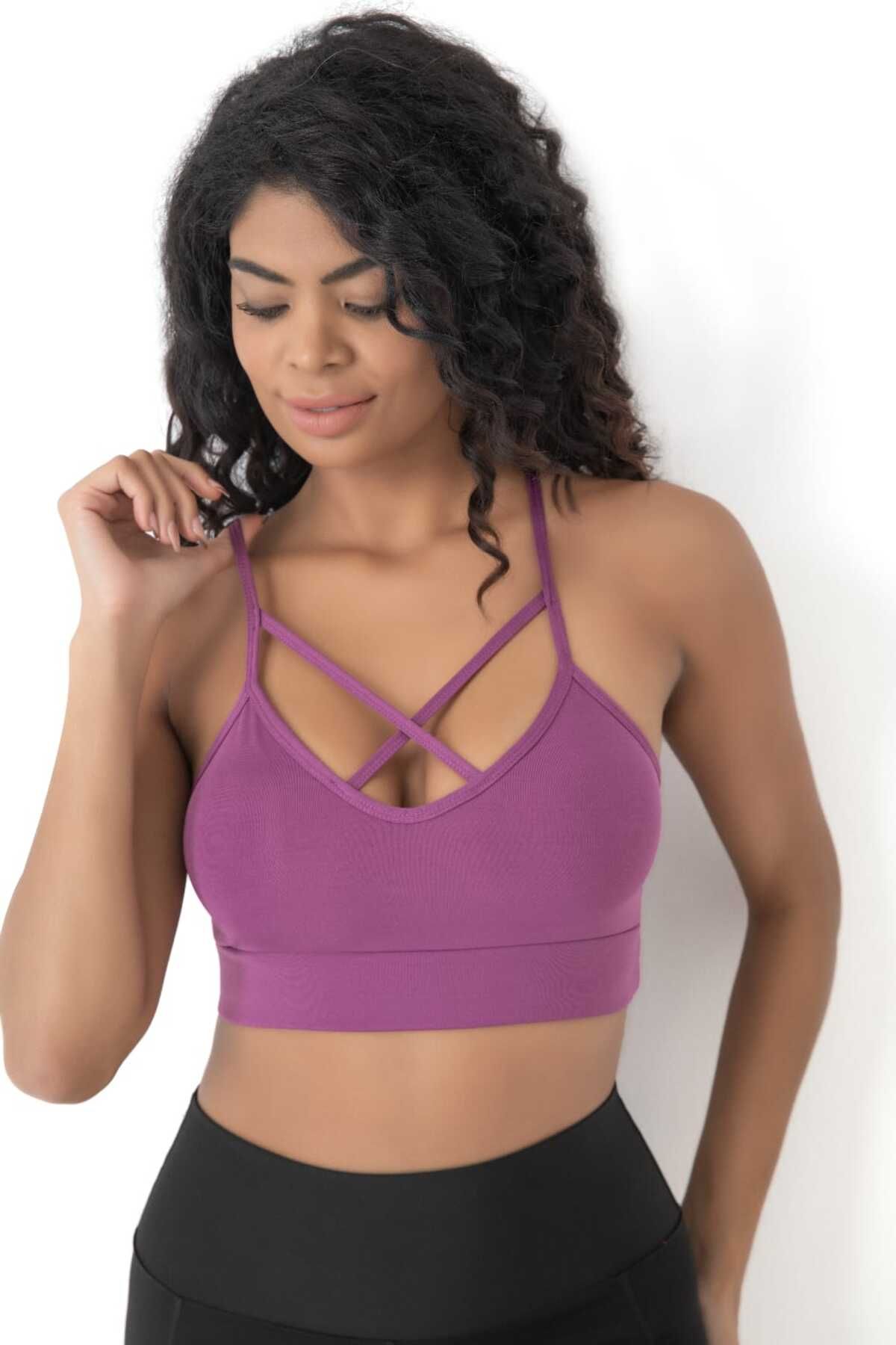 inkasole Önü Çapraz Detaylı Spor Crop Büstiyer 5800 Açık Mürdüm