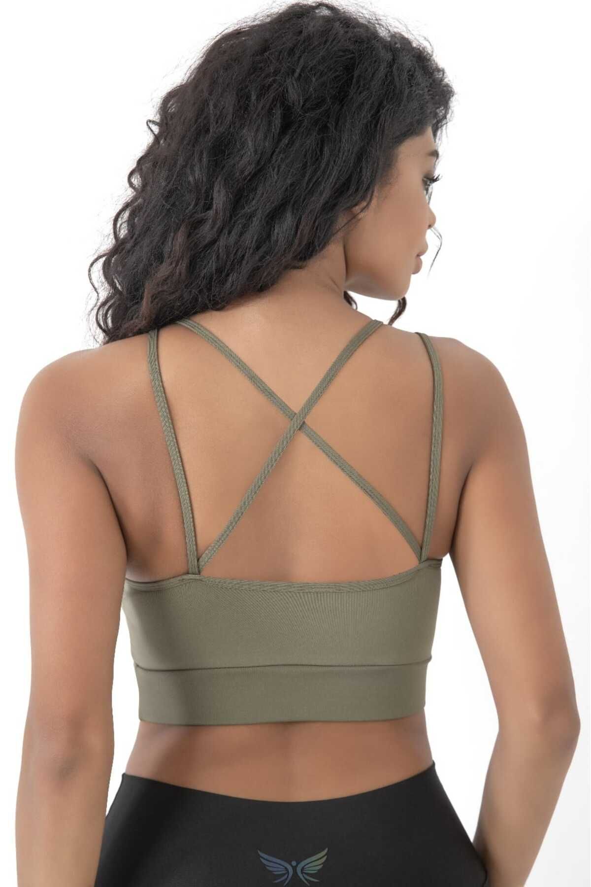 inkasole Arkası Çapraz Detaylı Spor Crop Büstiyer 5800 Haki