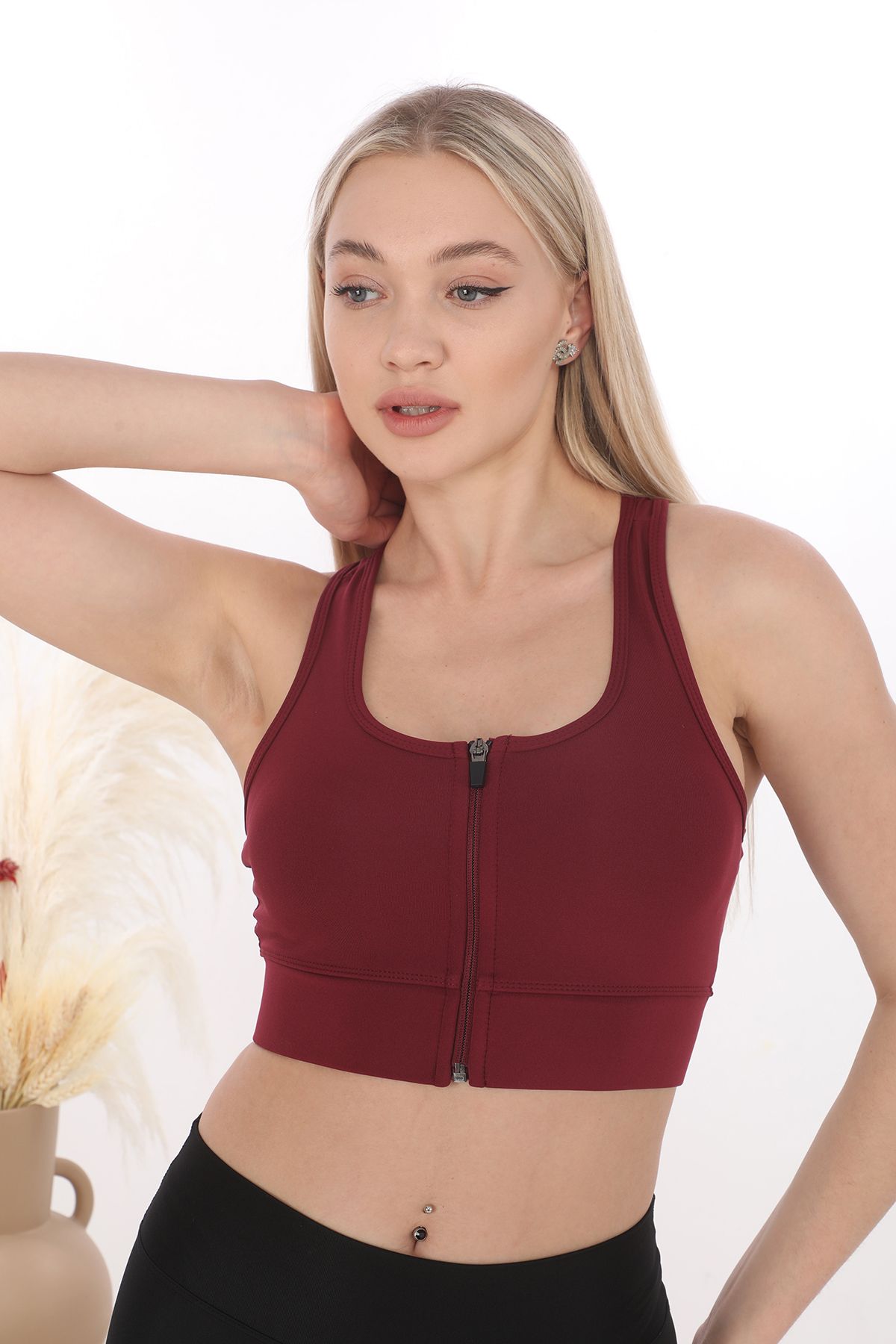 inkasole Önü Fermuarlı Sporcu Crop Büstiyer 5860 Bordo