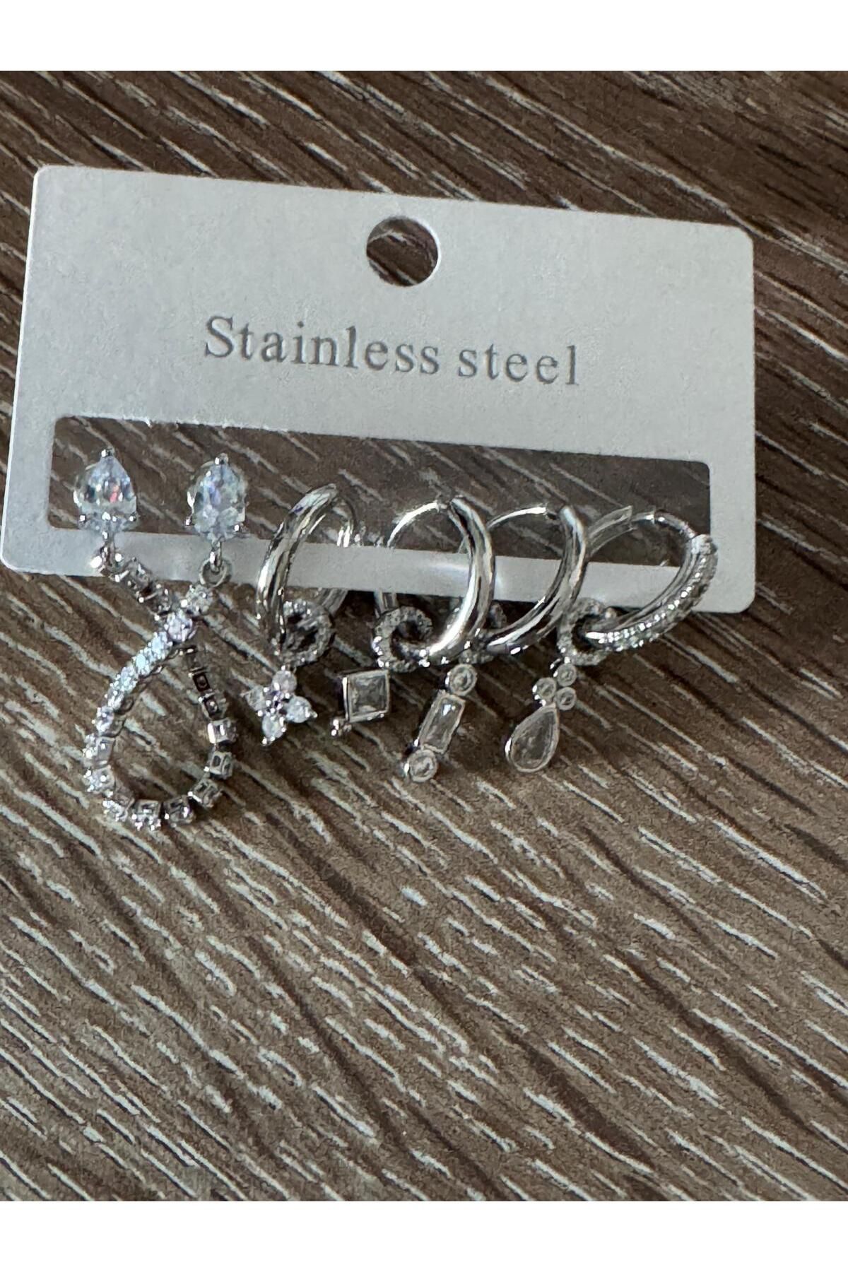 misstakıjewerly ÇELİK GÜMÜŞ RENK 6 LI SALLANTILI KÜPE SETİ