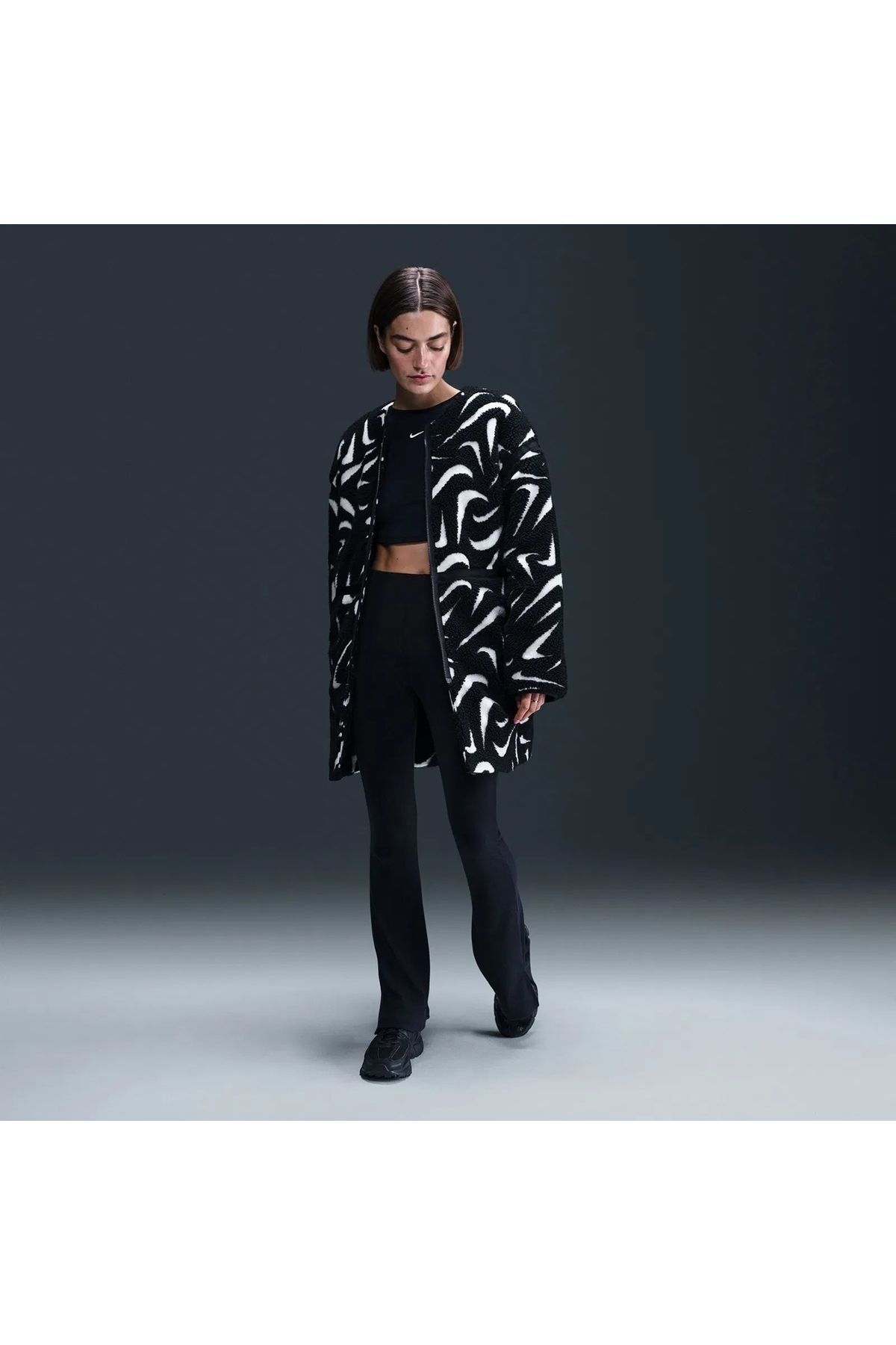 Nike Sportswear Cozy Long-Haired All-Over Swoosh Logo Lined Loose Full-Zip Kadın Ceket-FV8025-010