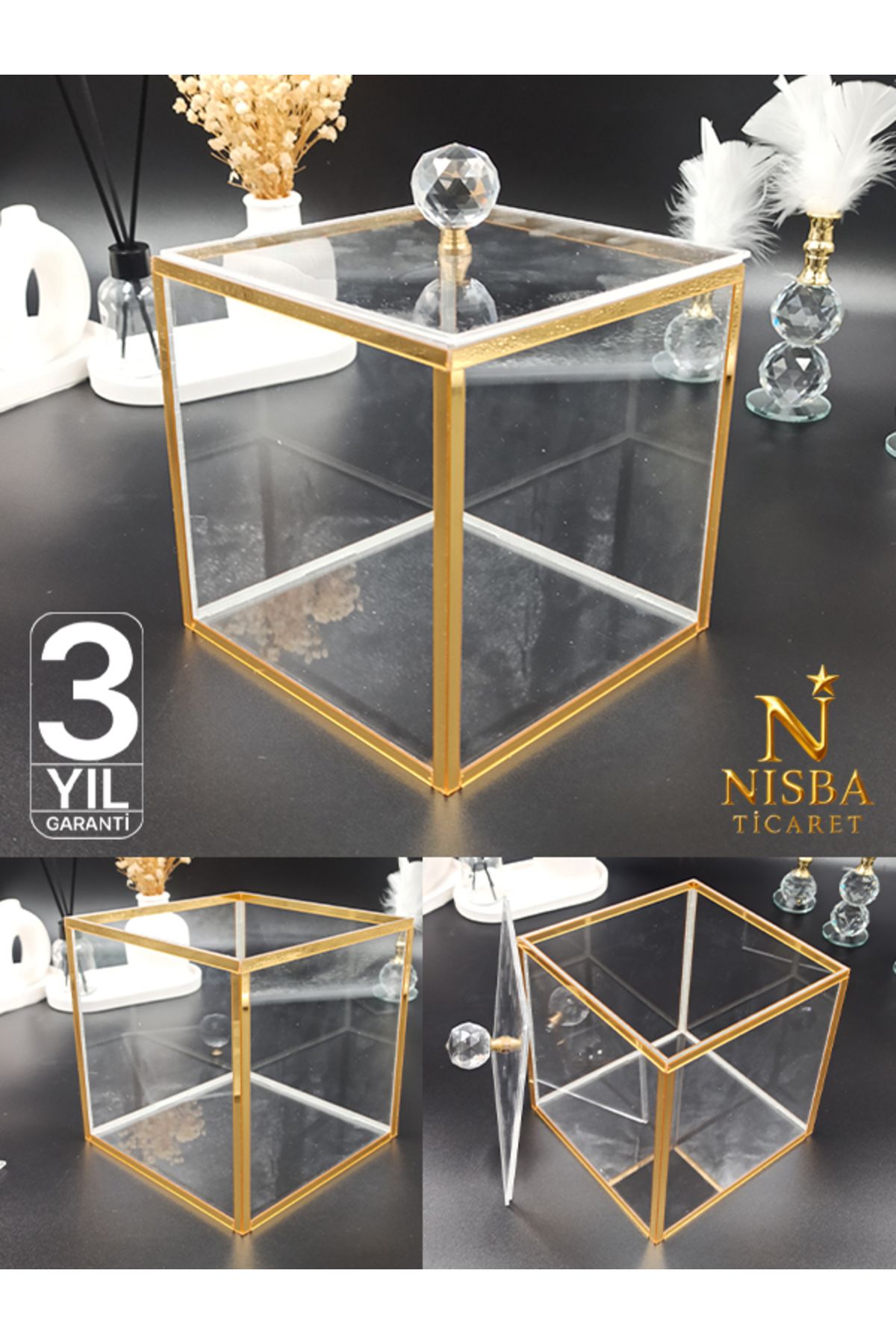 Nisba Ticaret Gold Çerçeveli Lüks Pleksi Kutu | Söz, Nişan, Çeyiz, Gelin Damat Bohçası, Sunum Kutusu