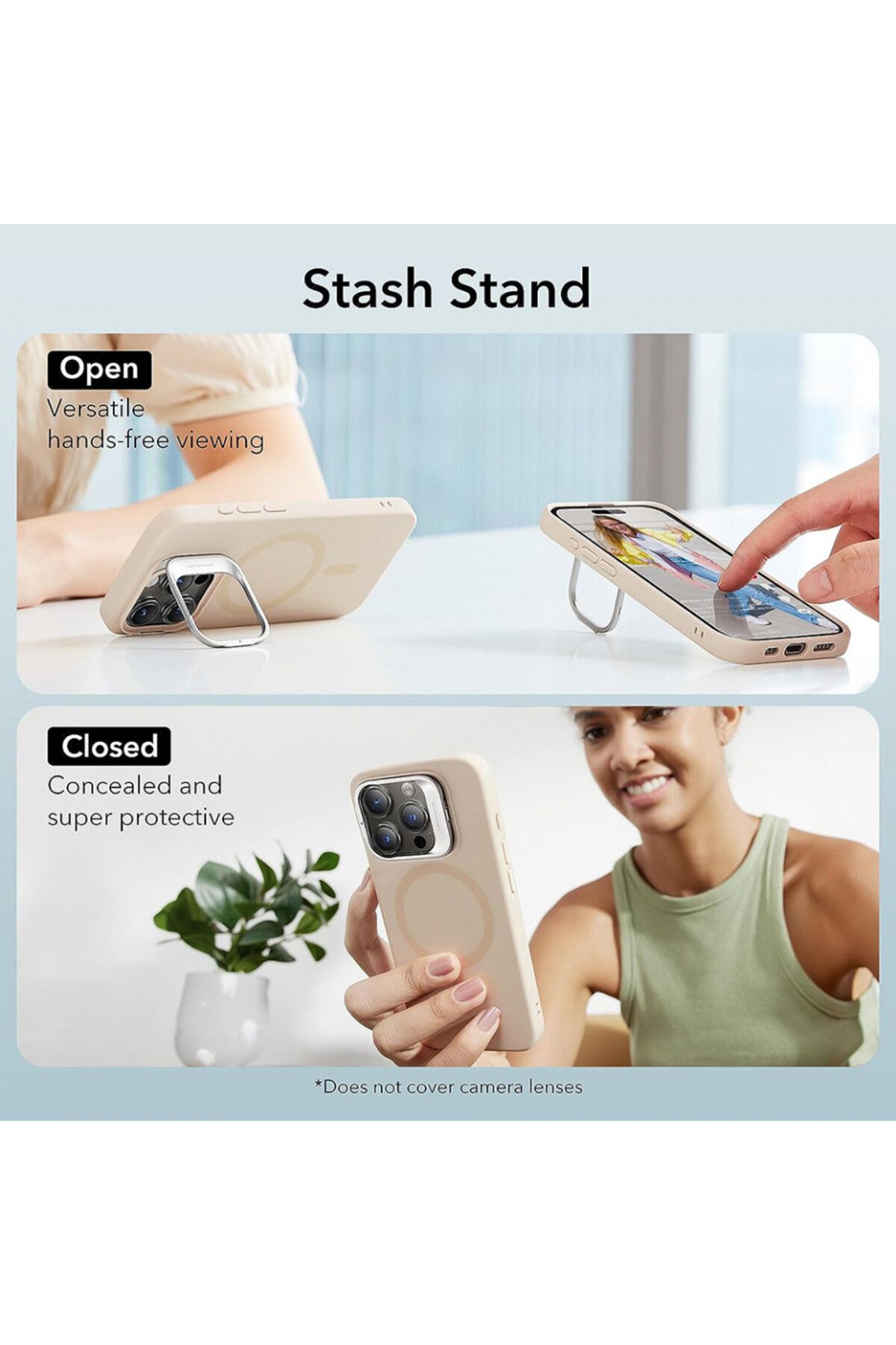 ESR-IPhone 15 Pro Max Case - ESR Cloud Soft HaloLock Kickstand - Light Tan 3