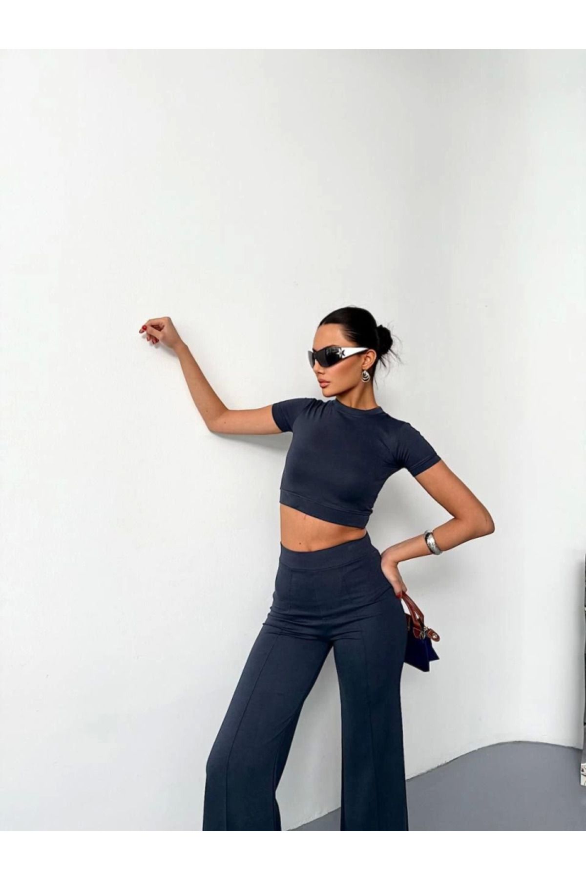 TUA MODA-Tua Moda Osy Modal Soft Textured Fabric Short Sleeve Crop Bottom Flared Leg Pantalon Double Set - Füm 2