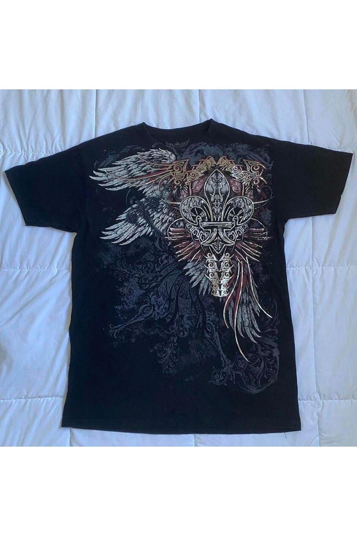 BALİNA Siyah Vintage Angel Wings Cross Cyber Grunge Unisex T-shirt THE SOLO