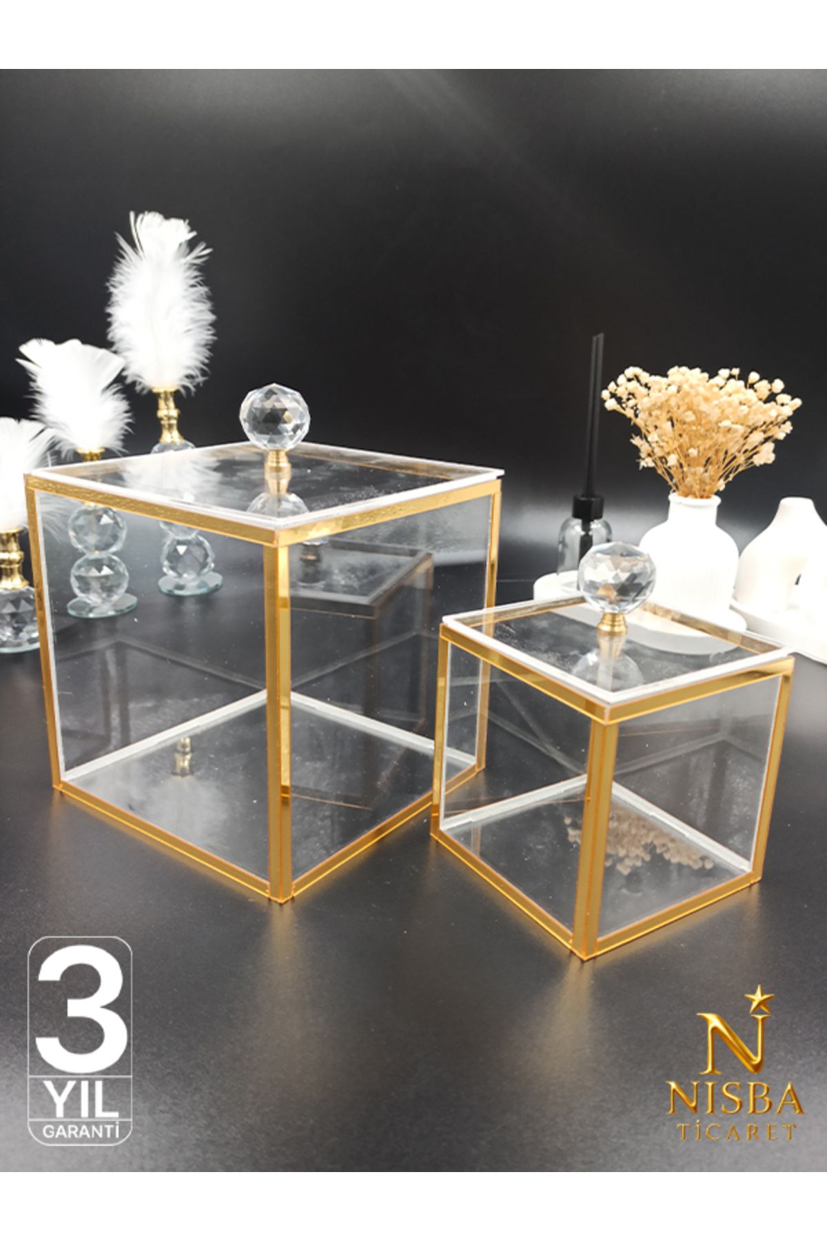 Nisba Ticaret Lüks Şeffaf Gold Pleksi Kutu 2'li Set | Gelin Damat Bohçası & Takı Nişan Sergileme Kutusu