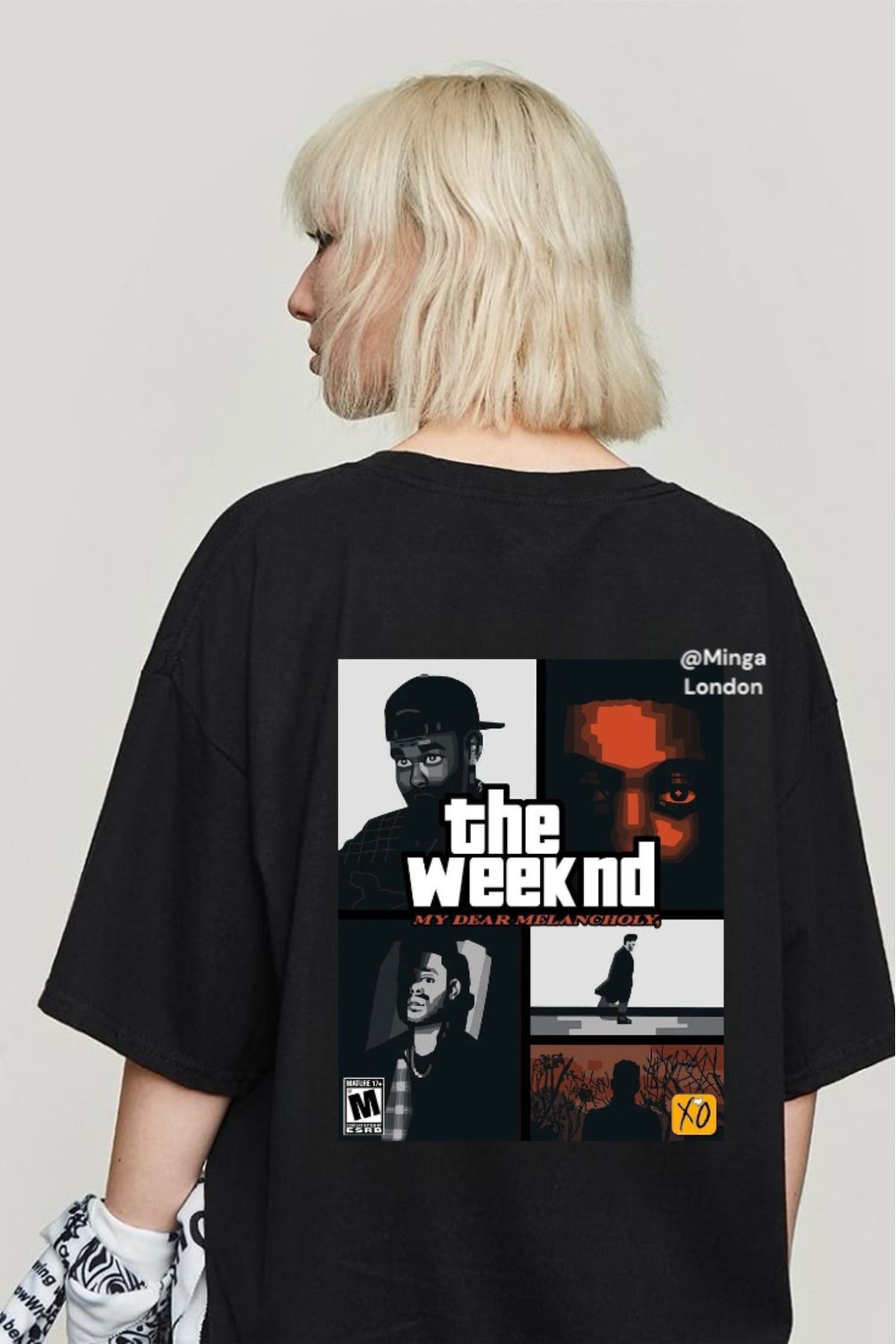 Minga London Siyah The Weekend Photo Collage Sırt Baskılı Oversize Tshirt -Minga London