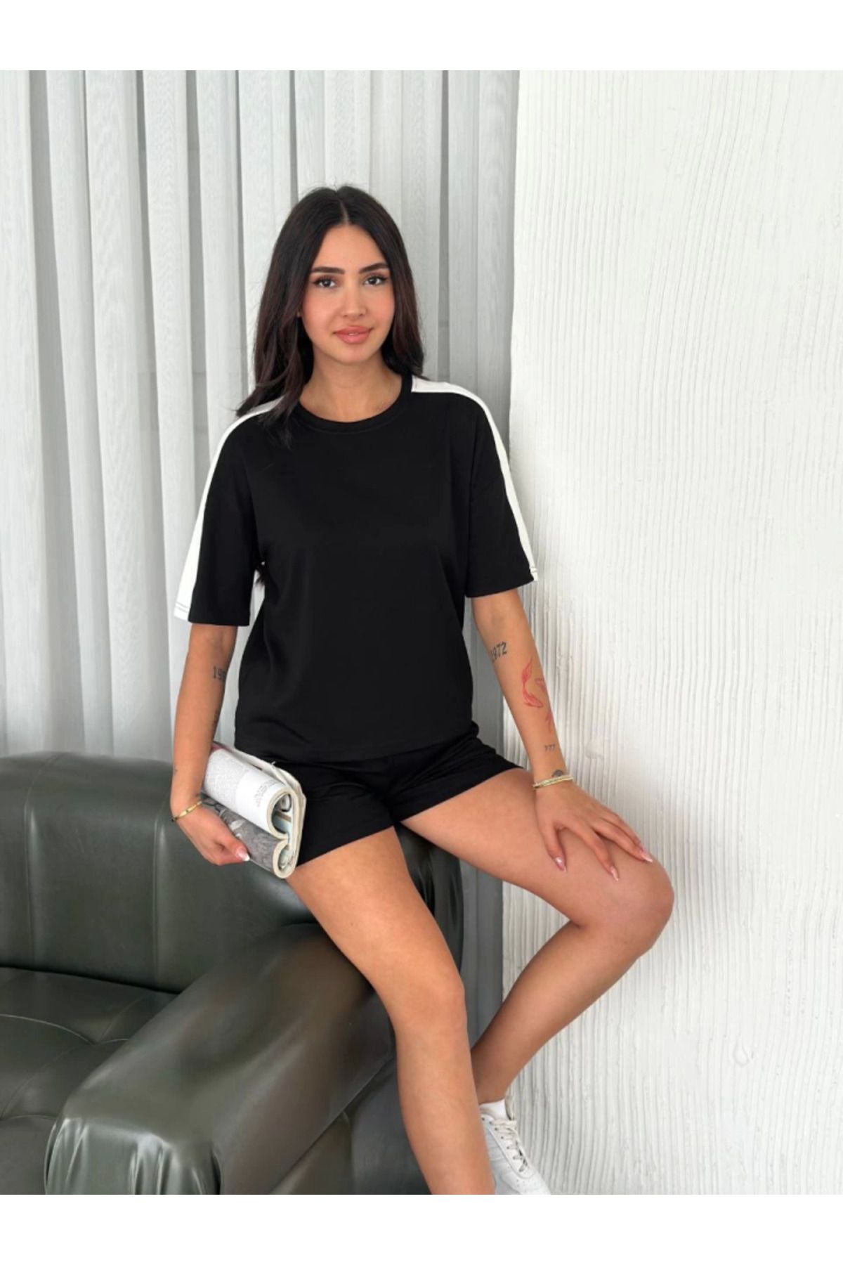 Albayrak Osy Modal Yumuşak Dokulu Kumaş Parçalı Bisiklet Yaka T-shirt Kısa Şort İkili Takım - Siyah