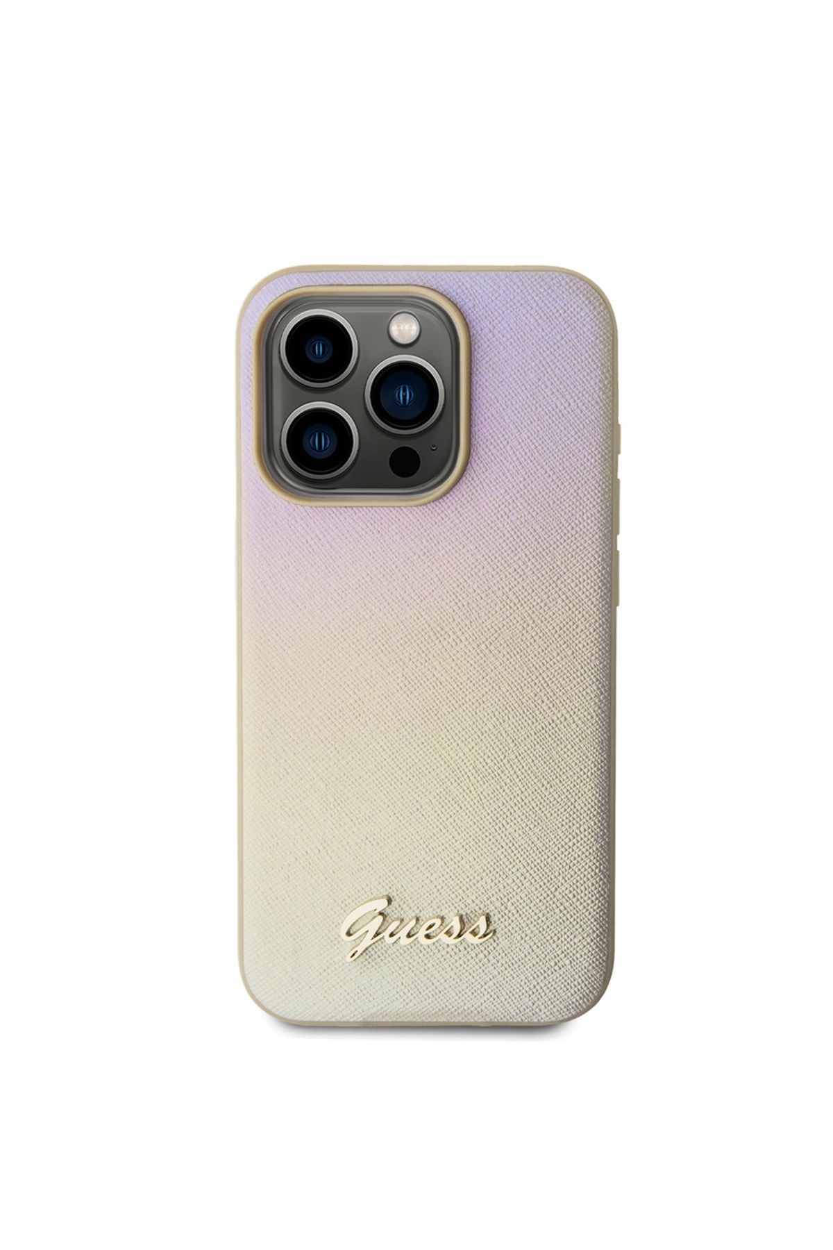 Guess-Case for iPhone 15 Pro - Guess Saffiano Iridescent Script (GUHCP15LPSAIRSD) - Gold 3