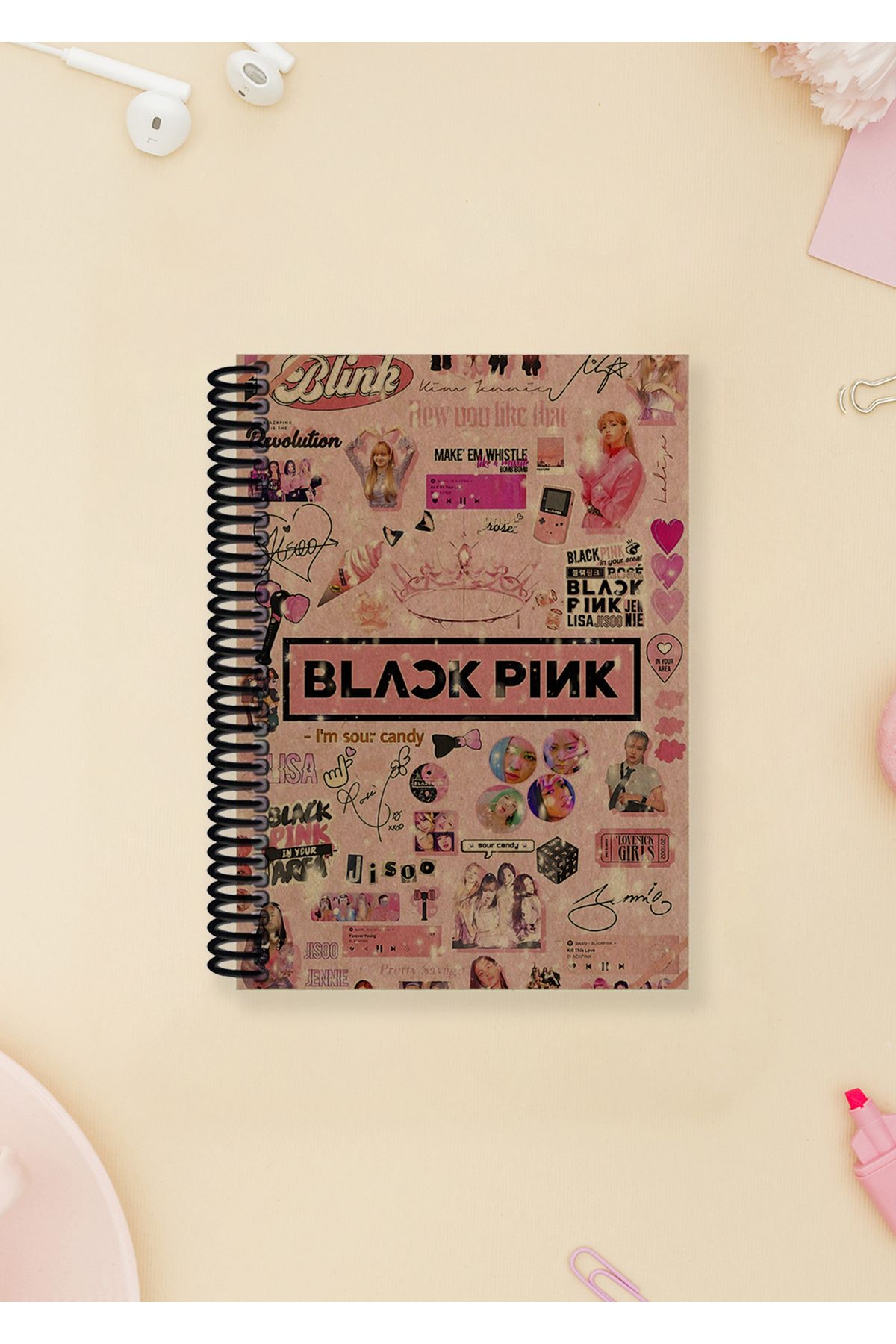 Ludios Blackpink Pembe Kolaj Spiralli A6 Çizgisiz Kraft Kapaklı Not Defteri (100 Sayfa)