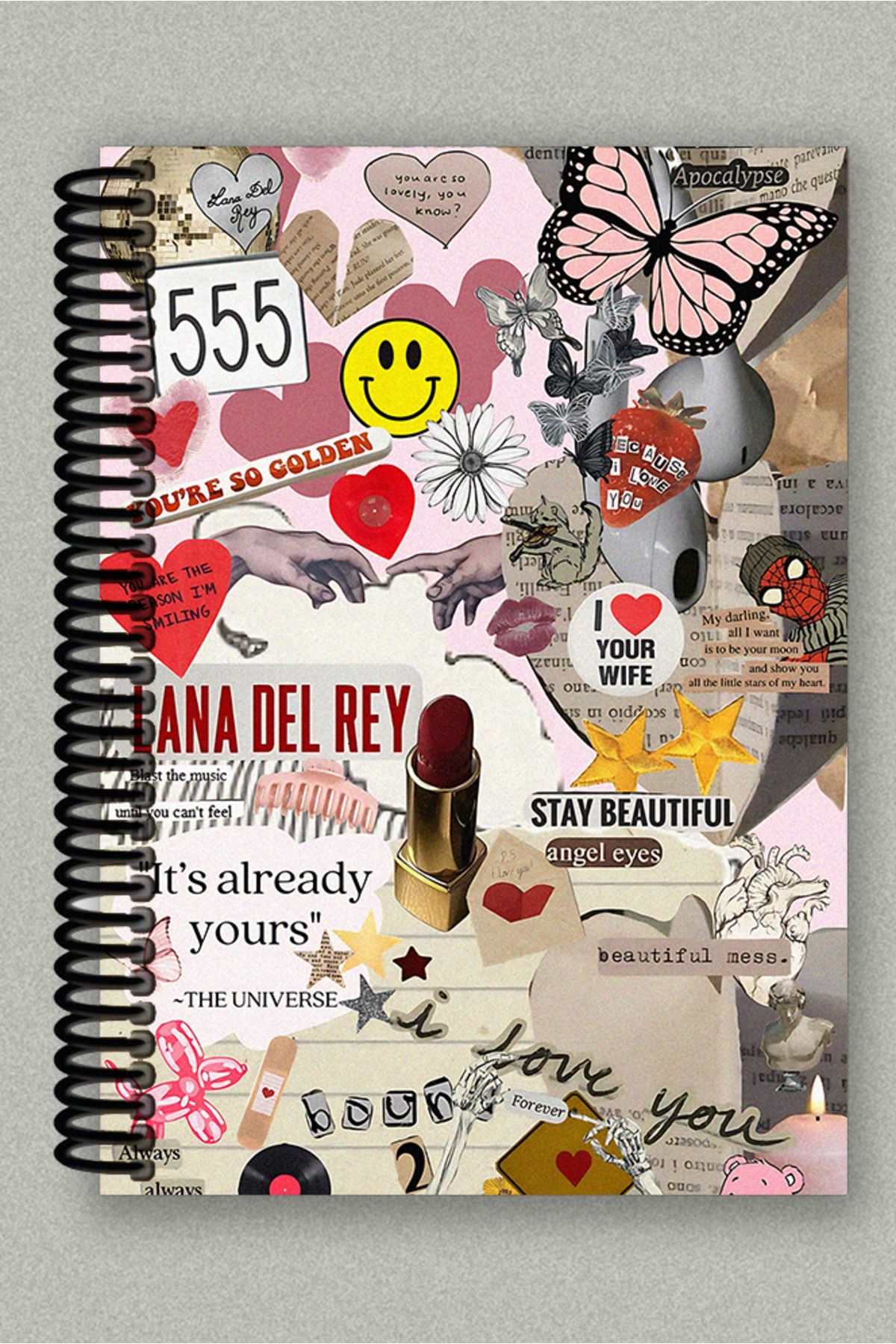 Ludios Material Girl Kolaj Spiralli A5 Çizgisiz Tuale Kapaklı Hediyelik Defter (200 Sayfa)
