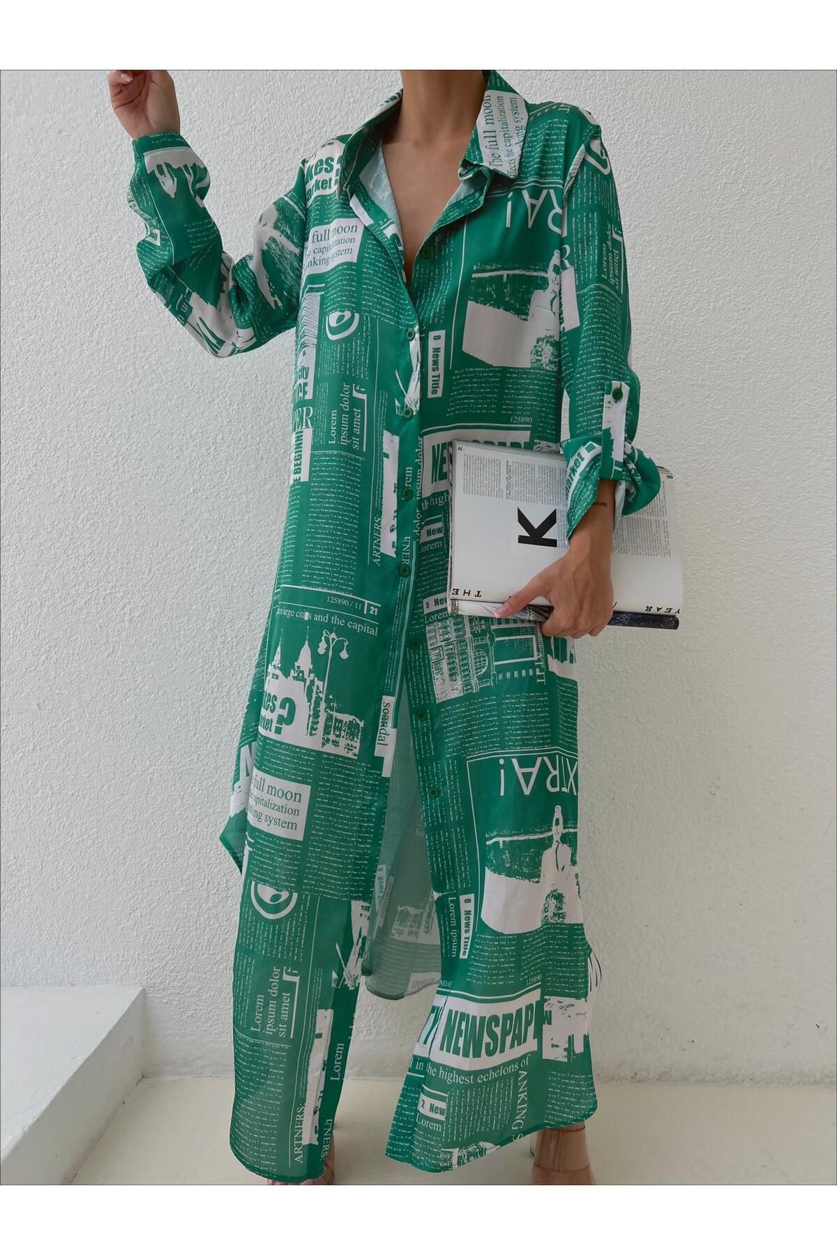 mass fashion Kadın Saten Şifon Desenli Gömlek Elbise