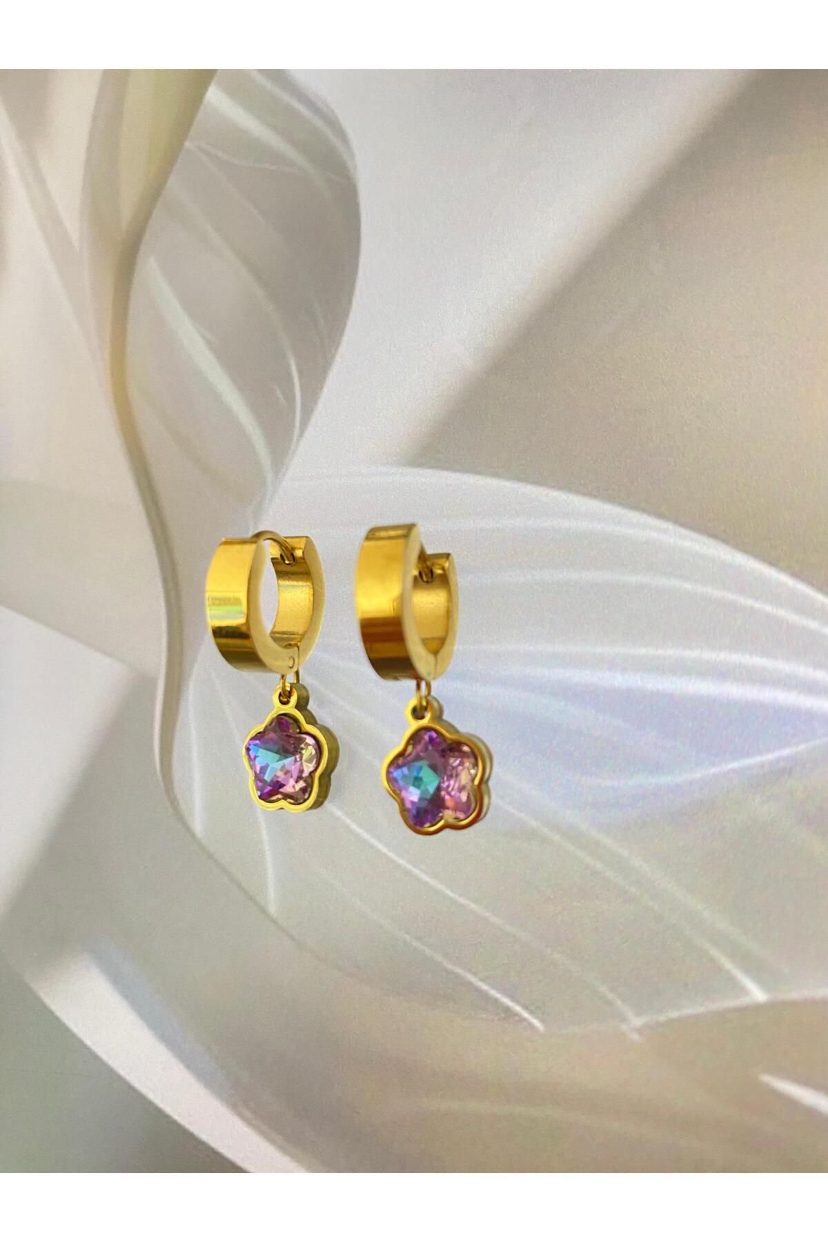 season jewelry ÇELİK KÜPE MOR TAŞLI