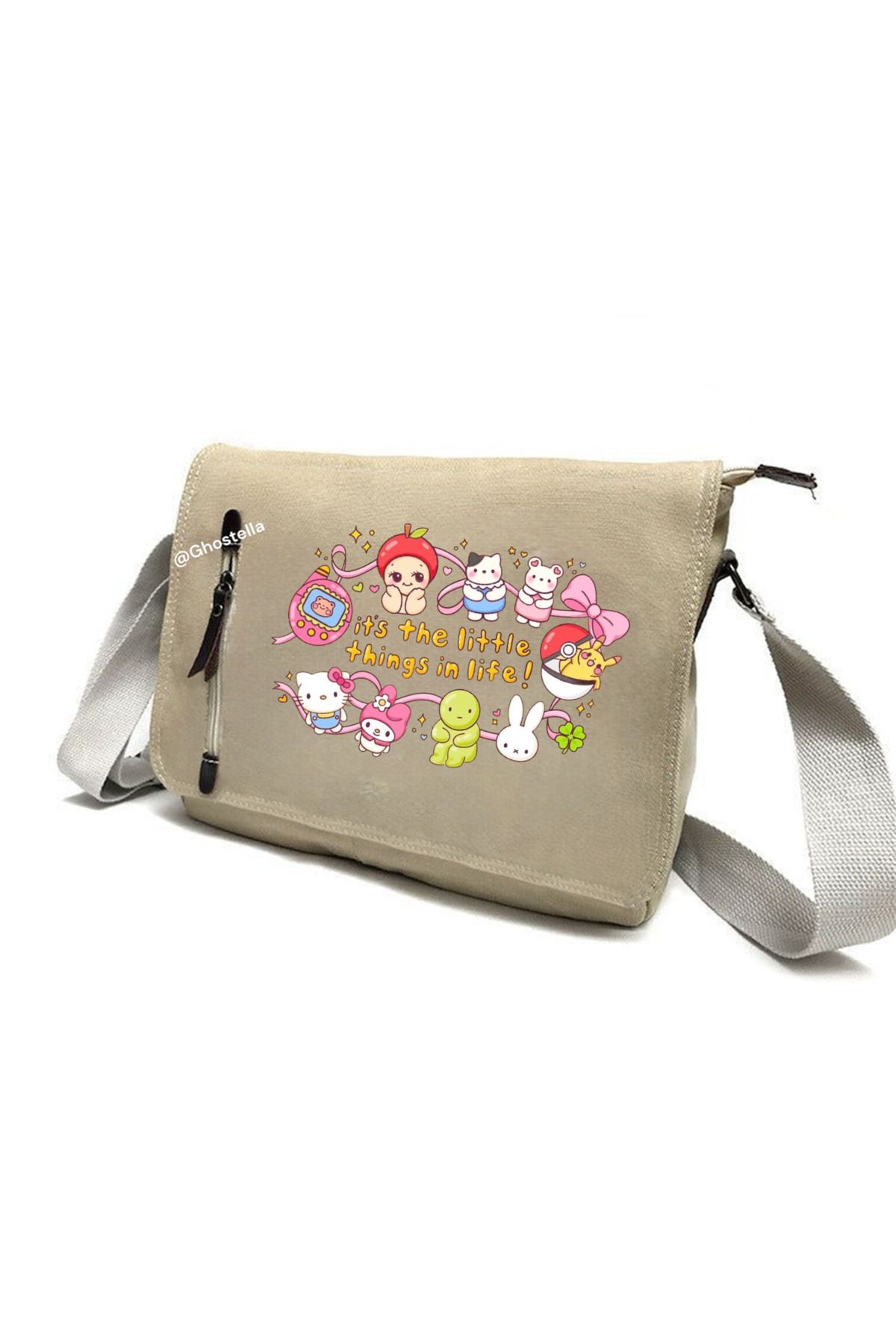 Minga London Bej Japanese Cartoon Characters Baskılı Okul, Kurs, Dershane Postacı Çantası - Ghostella
