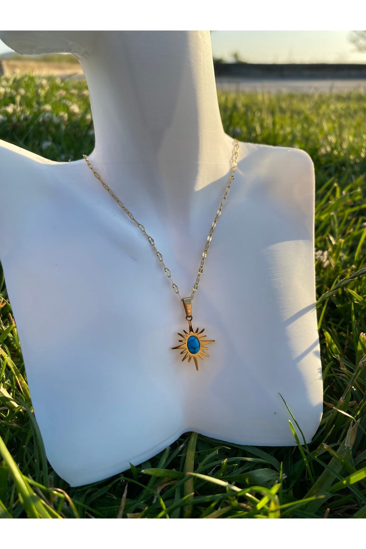 asem jewelry PASLANMAZ ÇELİK GÜNEŞ DESENLİ MAVİ TAŞLI KOLYE