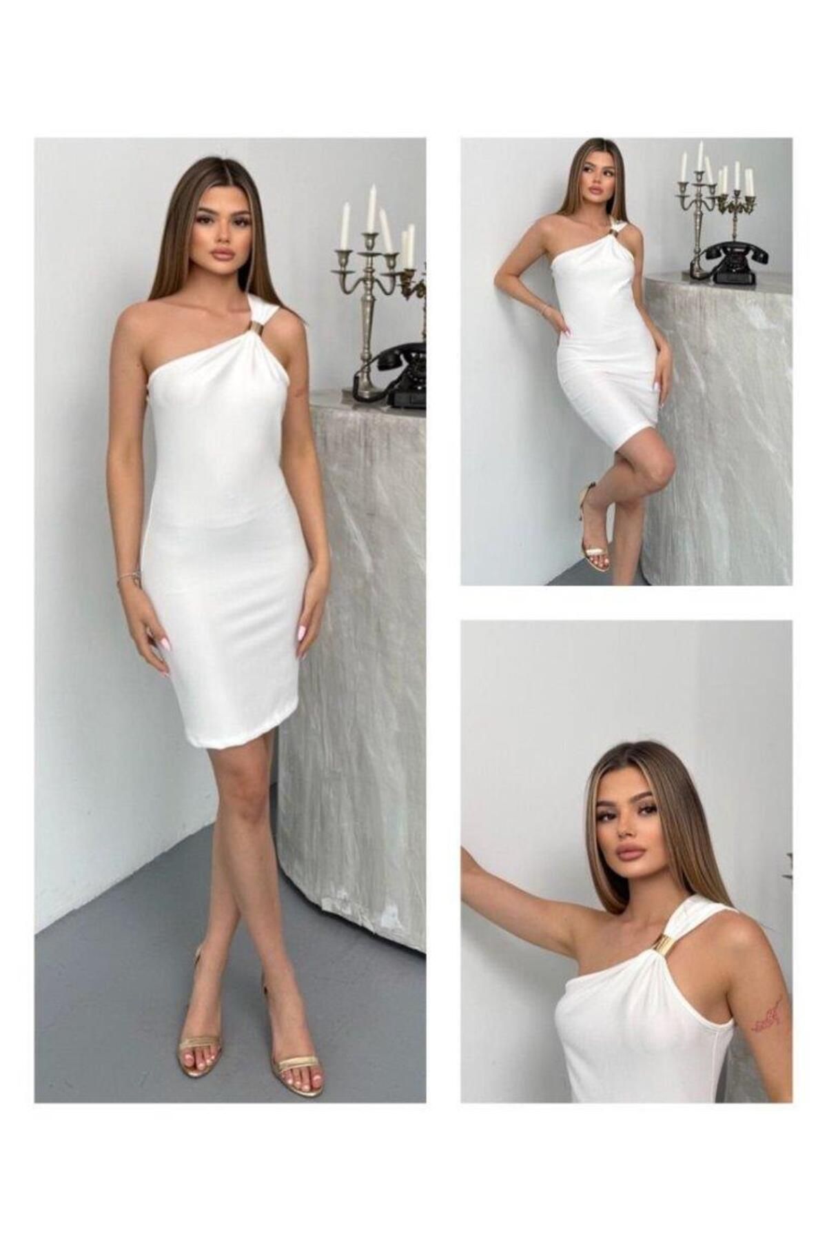 Inciqueen Kadın Ottoman Kumaş Tek Omuz Askılı Toka Detaylı Mini Boy Elbise