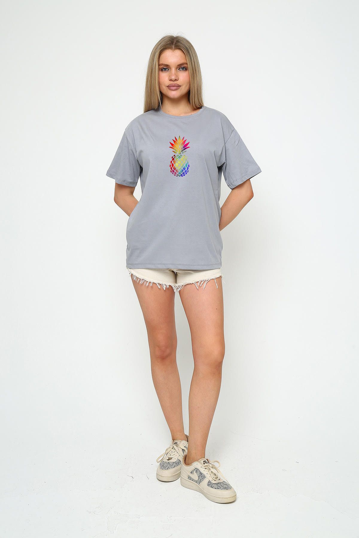 vikitekno oversize ananas baskılı kadın t-shirt