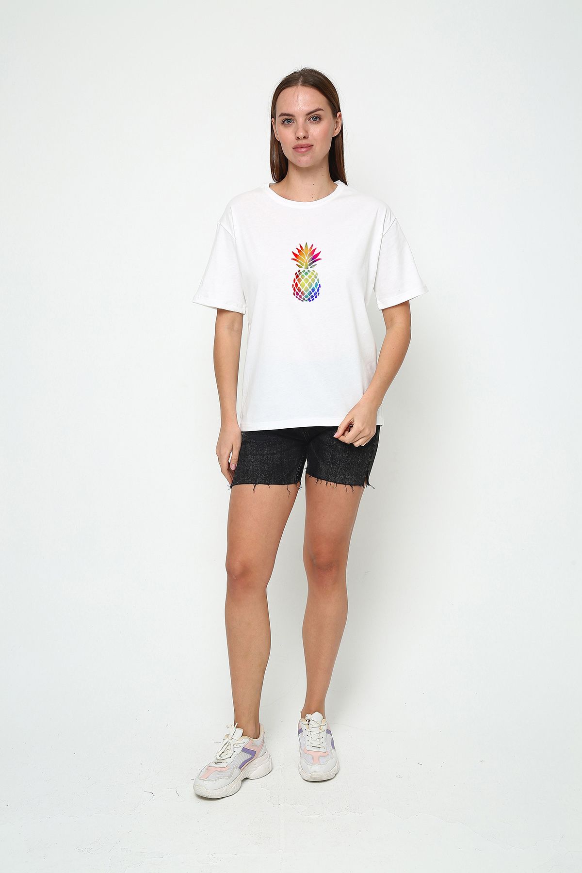 vikitekno oversize ananas baskılı kadın t-shirt
