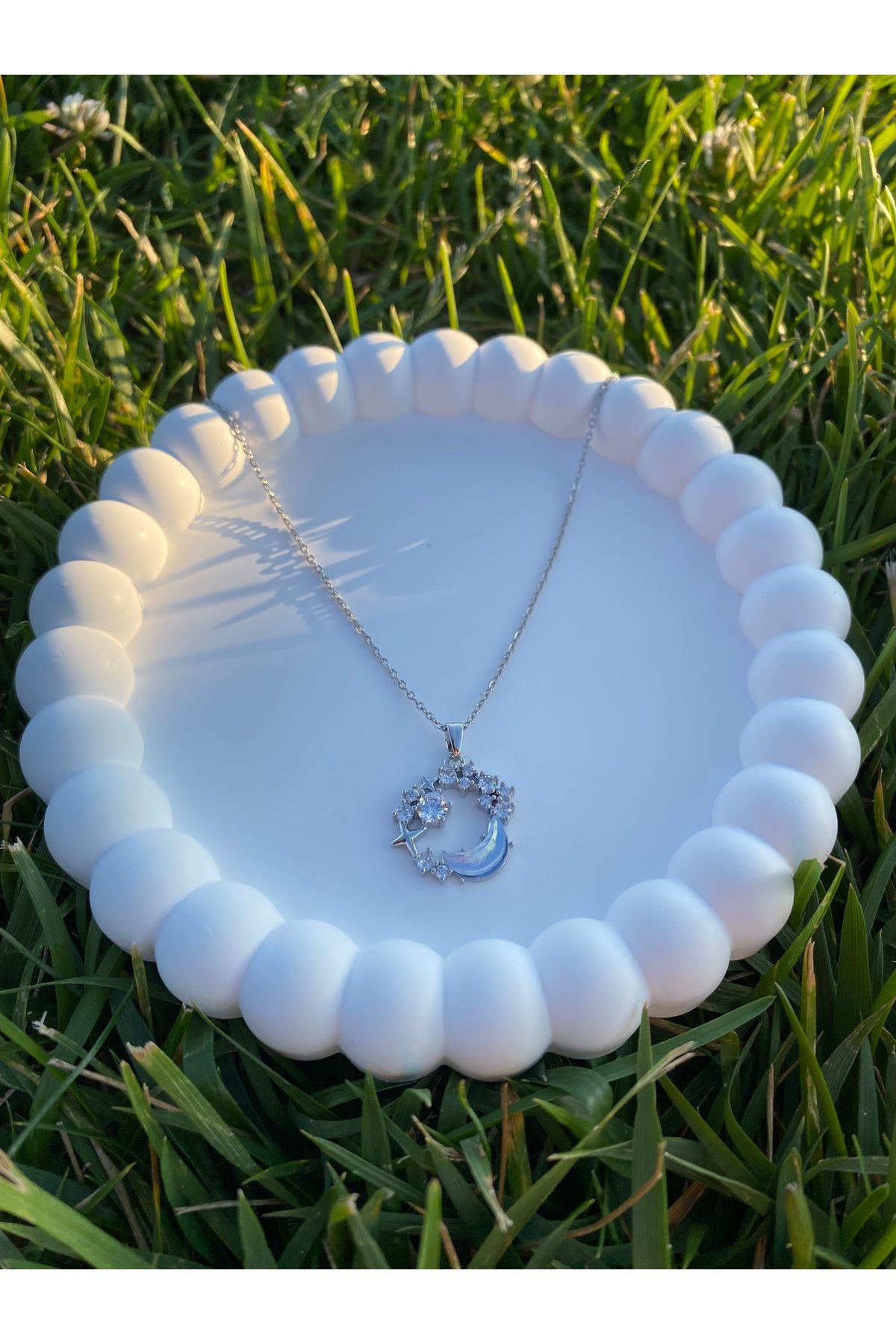 asem jewelry AY VE YILDIZ MOTİFLİ ZİRKON TAŞLI ÇELİK KOLYE