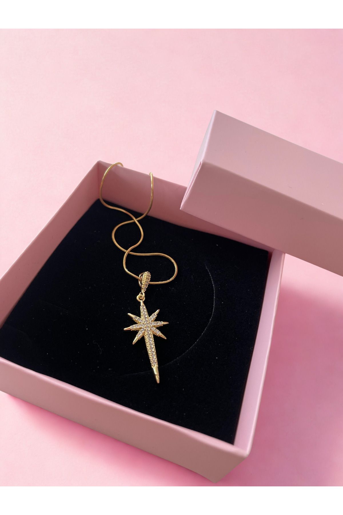 Ela accessories Çelik Kuzey Yıldızı Zirkon Taşlı Düz Zincirli Kadın Kolye