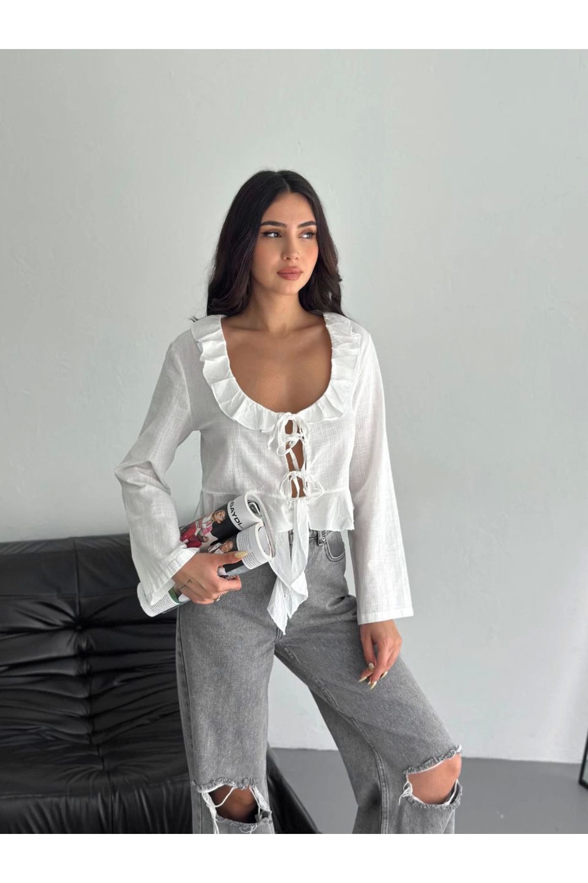 Pink Stil Keten Uzun Kol Bağacık Detaylı Bluz - Beyaz