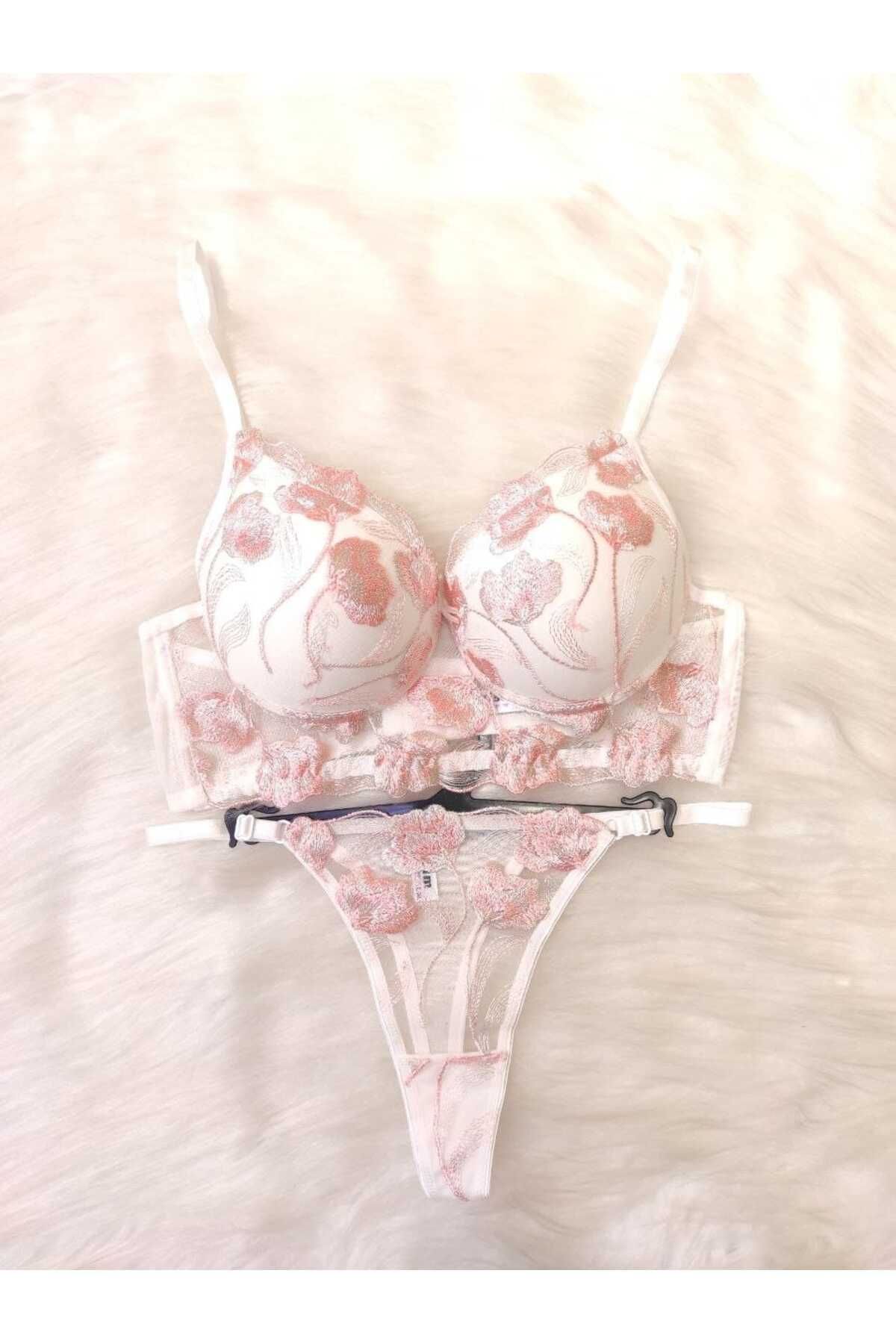 GMDPstore Gül Kurusu Nakışlı Dolgulu B Kap Brode Sütyen-Külot Takımı