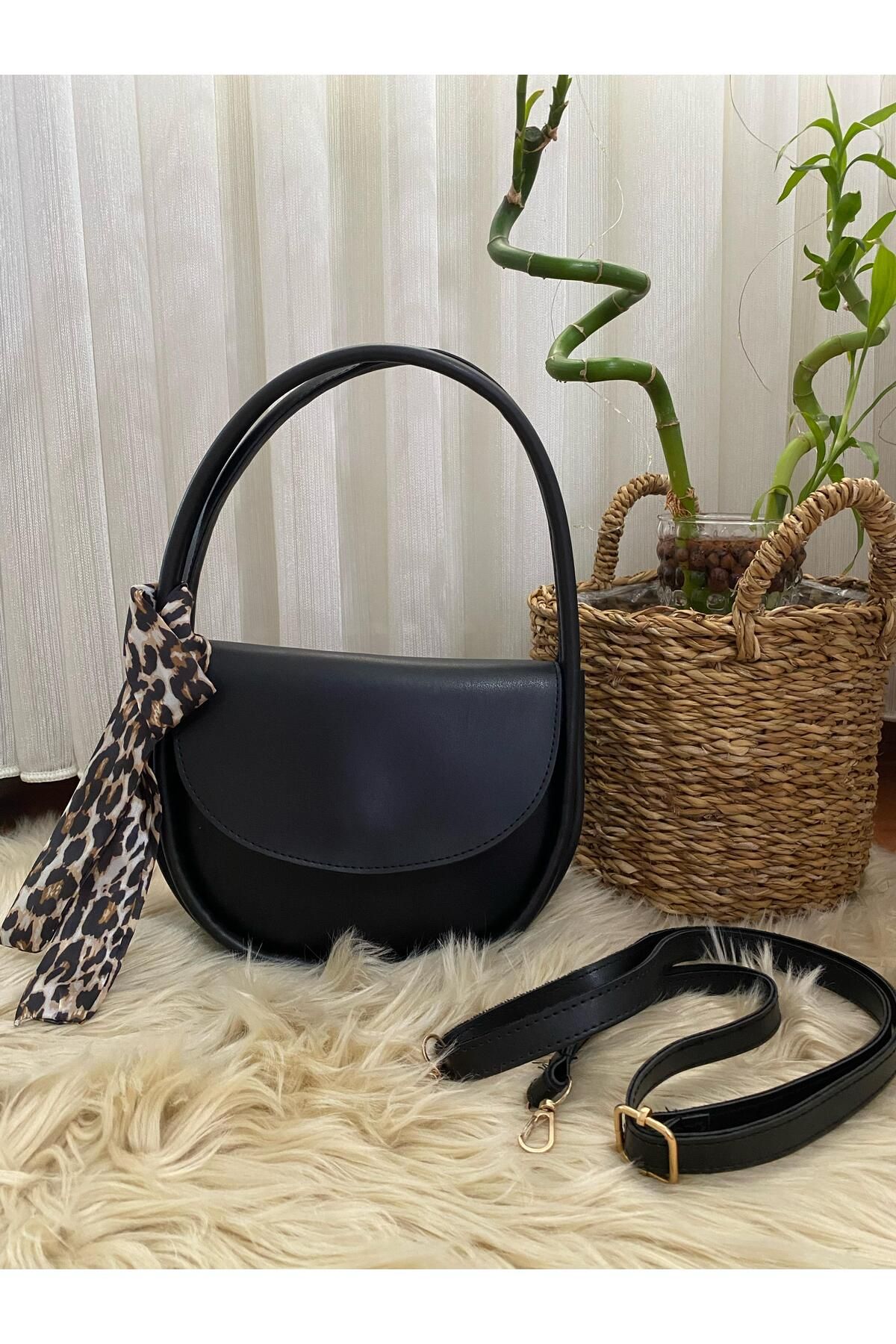 Liel Bags Leopar Fular Detaylı Siyah Kadın Omuz ve Çapraz Askılı Çanta