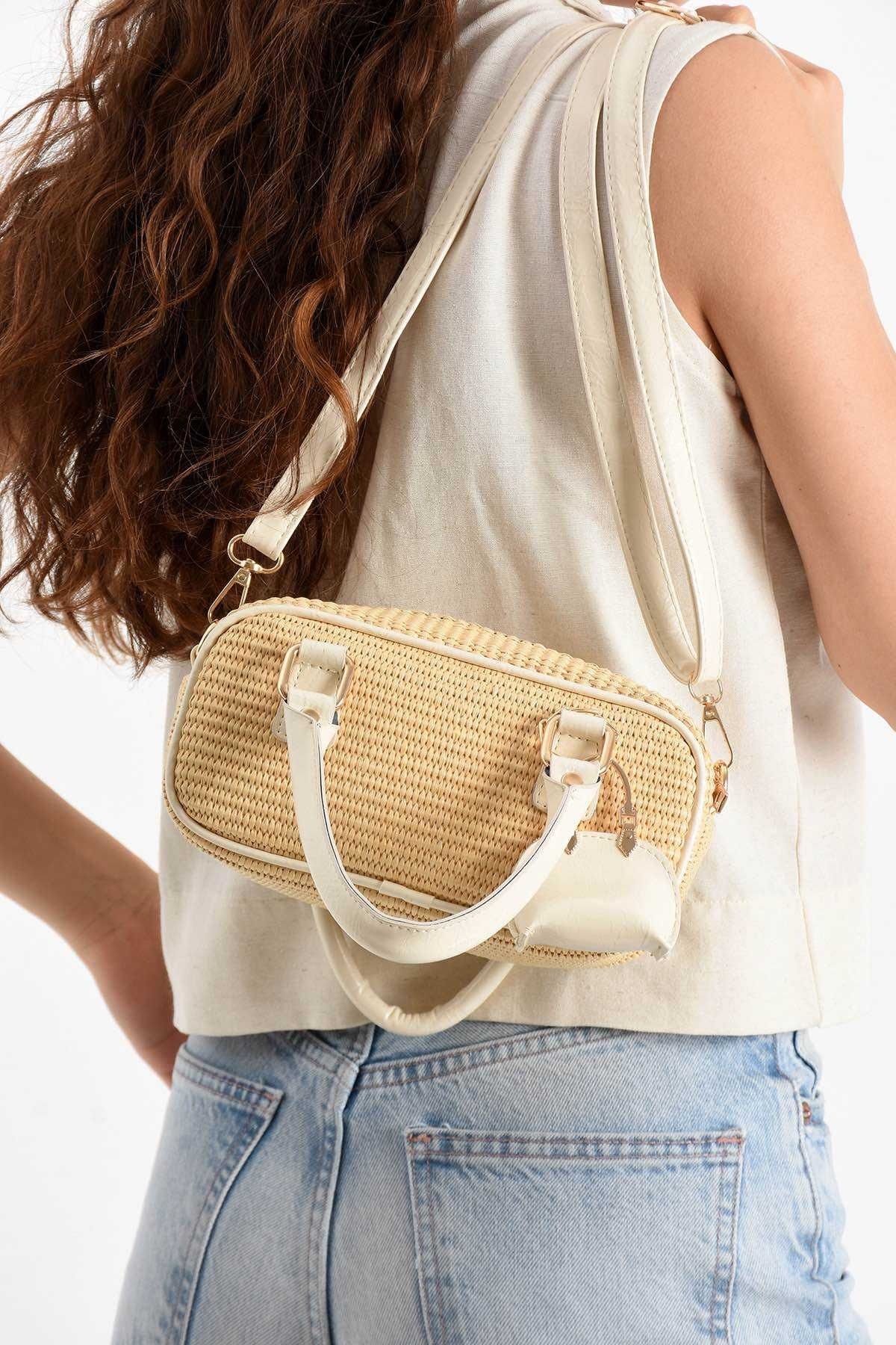 Assia Atelier Charm Hediyeli Kadın Hasır Çapraz ve El Çantası Deri Saplı Yazlık Omuz Çanta Mini Model