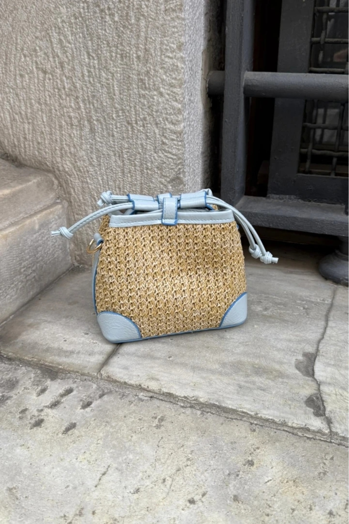 LEONAS-Straw and Faux Leather Design Cross Women's Shoulder Bag Buch Blue 4