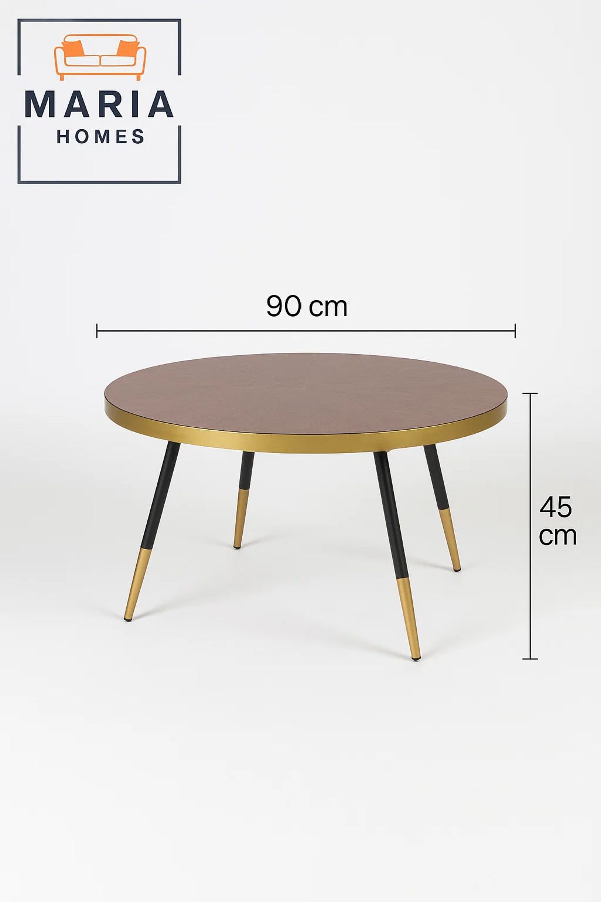 MARIA HOMES-Modern Round Coffee Table Walnut Top with Gold Trim & Black Legs for Stylish Living Rooms 5