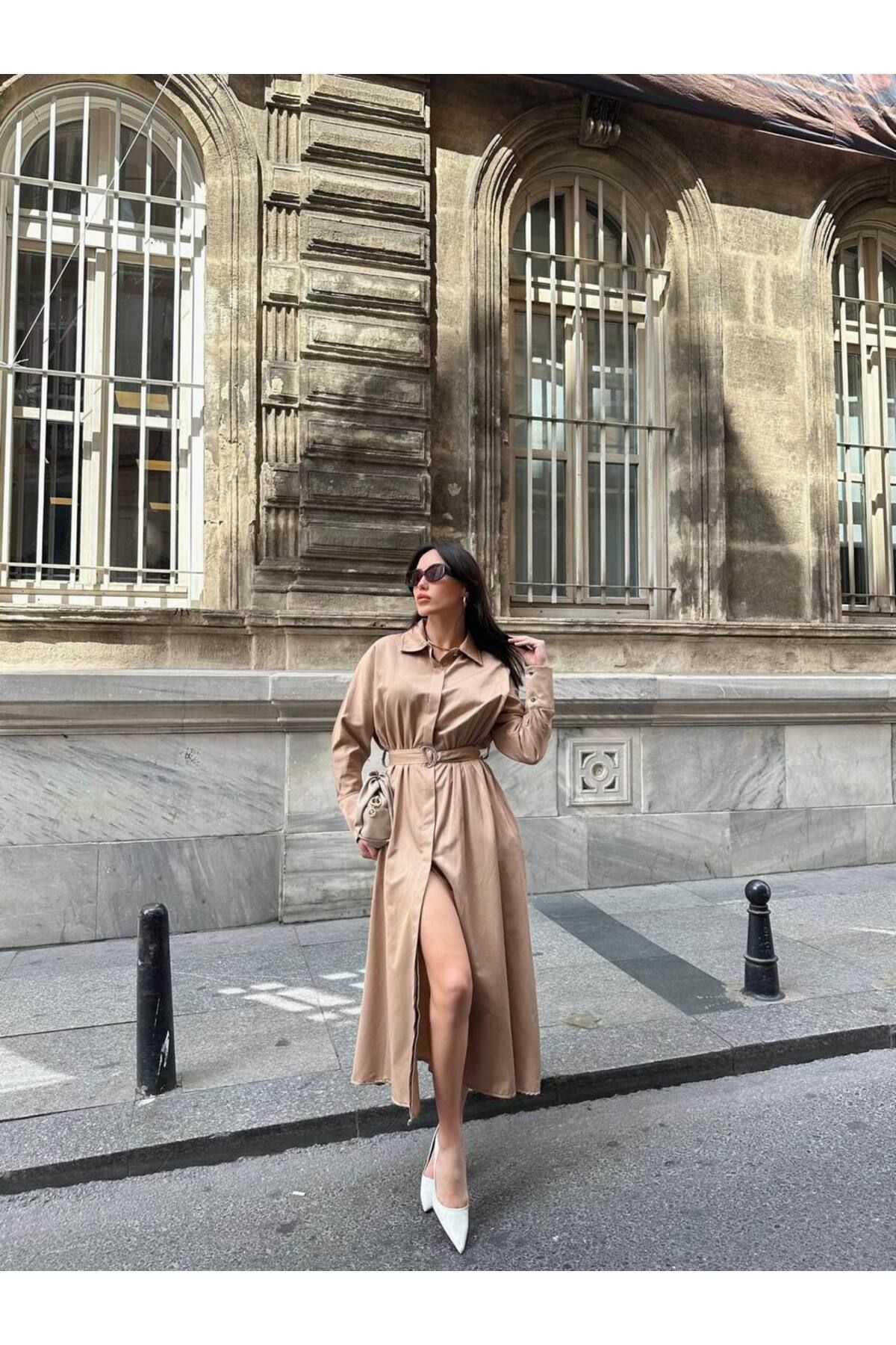 Hotfashion Uzun Kollu Kemerli Gömlek Elbise