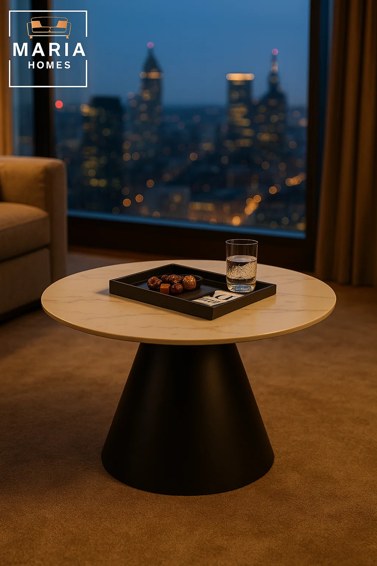 طاولة قهوة دائرية رخام أبيض قاعدة سوداء تصميم عصري