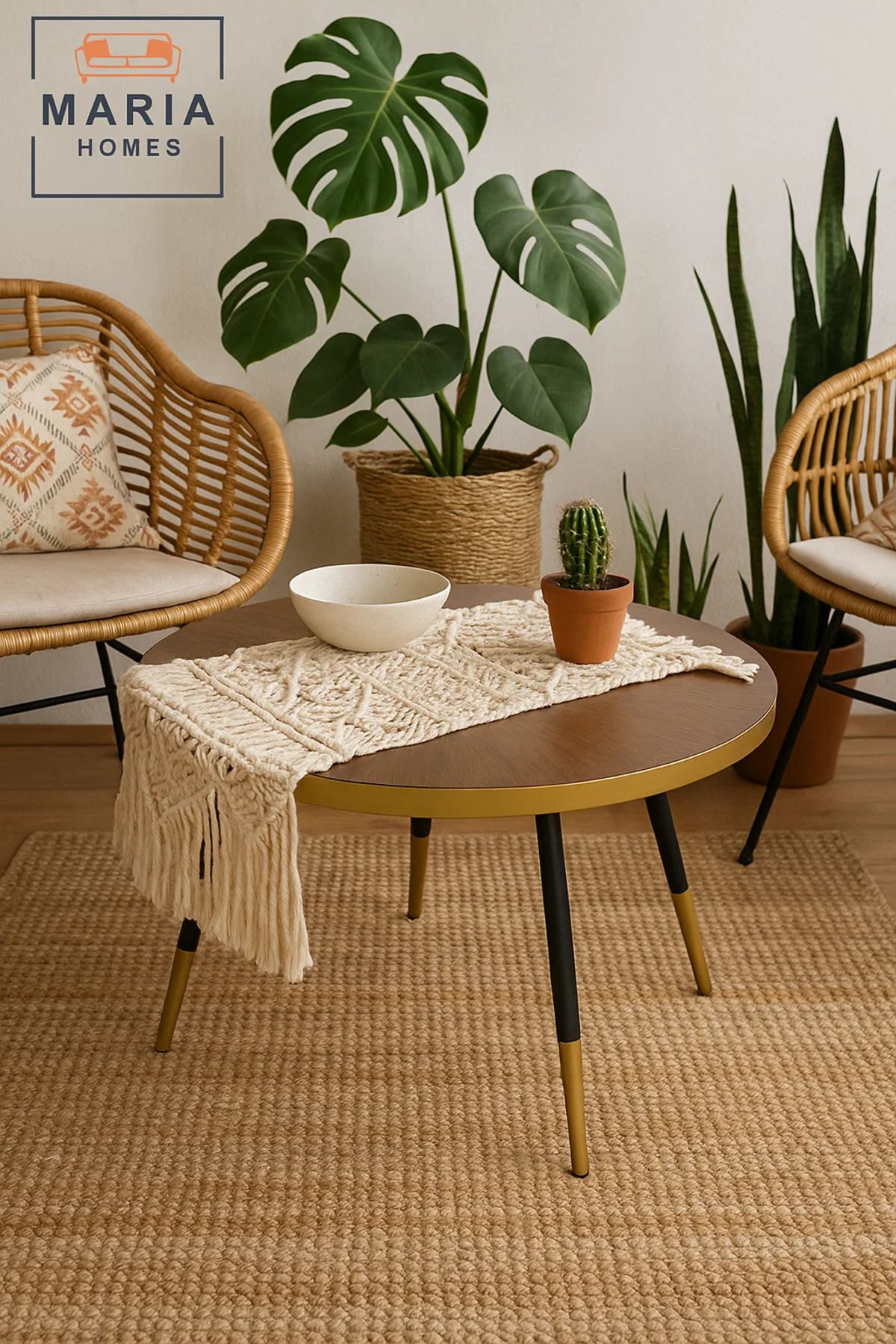 MARIA HOMES-Modern Round Coffee Table Walnut Top with Gold Trim & Black Legs for Stylish Living Rooms 3