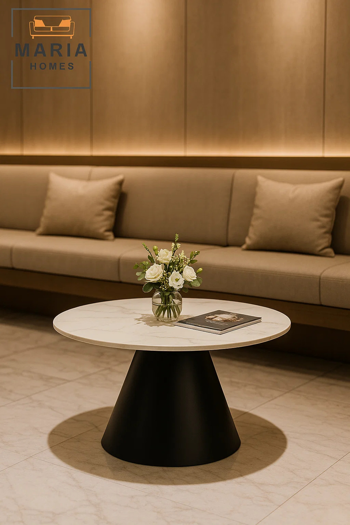 طاولة قهوة دائرية رخام أبيض قاعدة سوداء تصميم عصري