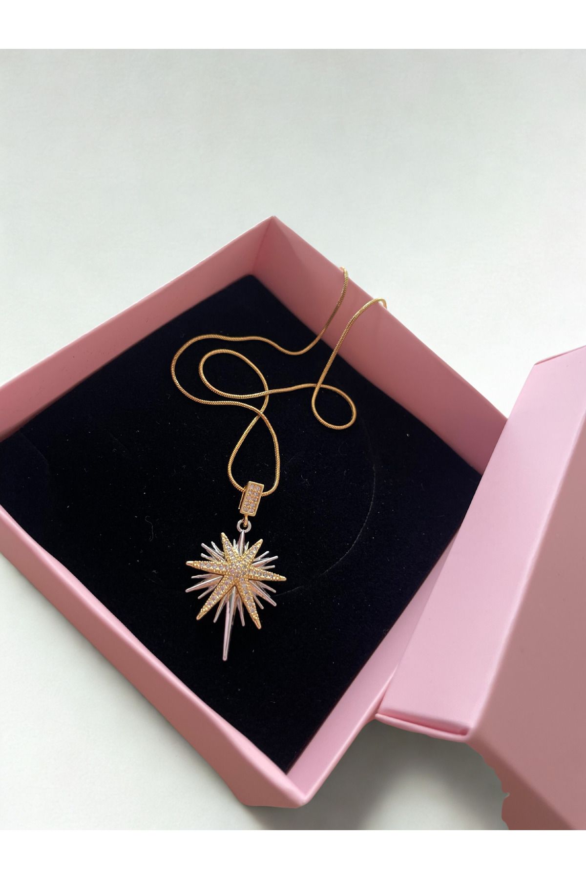 Ela accessories Kuzey Yıldızı Zirkon Taşlı Düz Zincirli Kadın Çelik Kolye