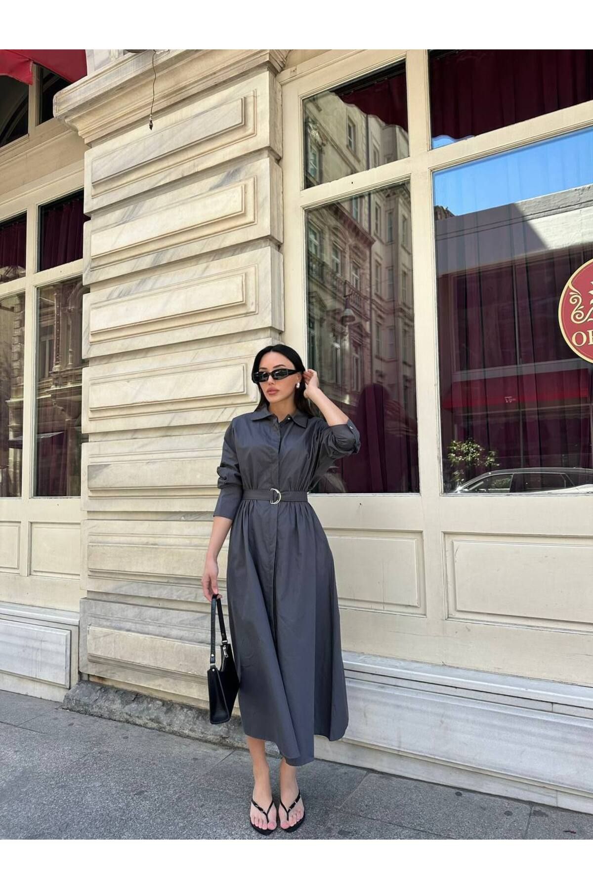 Hotfashion Uzun Kollu Kemerli Gömlek Elbise