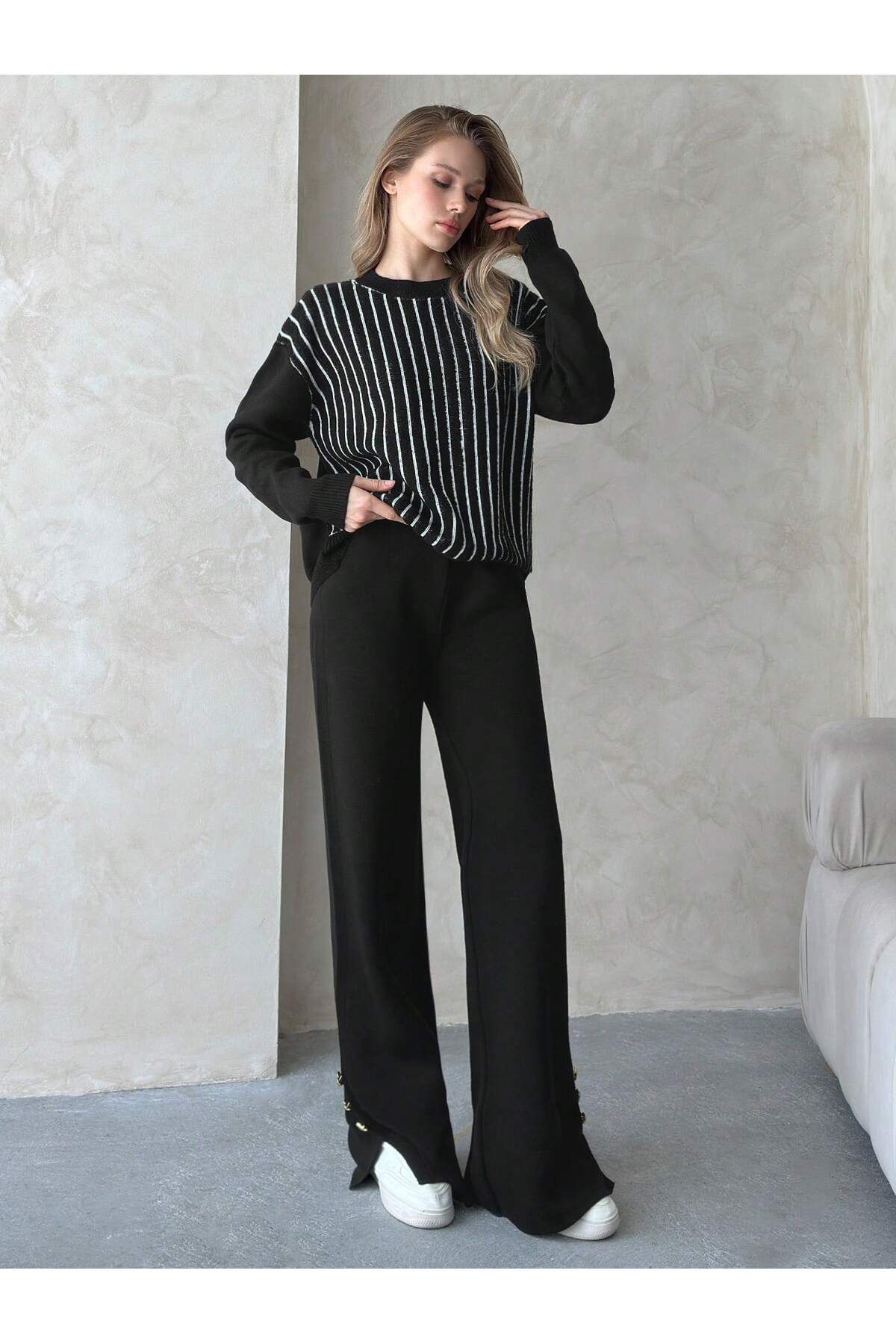 MARLİNG Dikey Çizgi Oversize Takım - Yırtmaçlı Pantolon