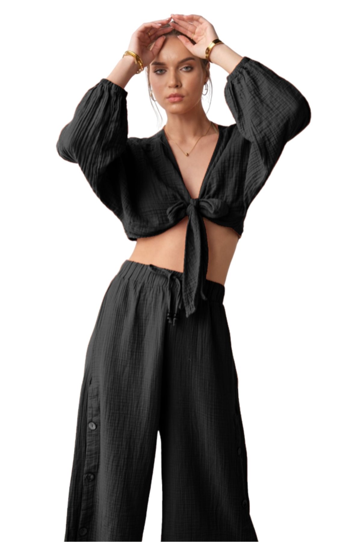 clavia Müslin Büstiyer, Önden Bağlama Detaylı Rahat, Geniş Fit Crop Büstiyer,