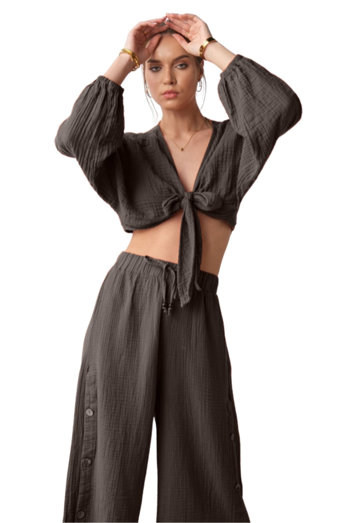clavia Müslin Büstiyer, Önden Bağlama Detaylı Rahat, Geniş Fit Crop Büstiyer,