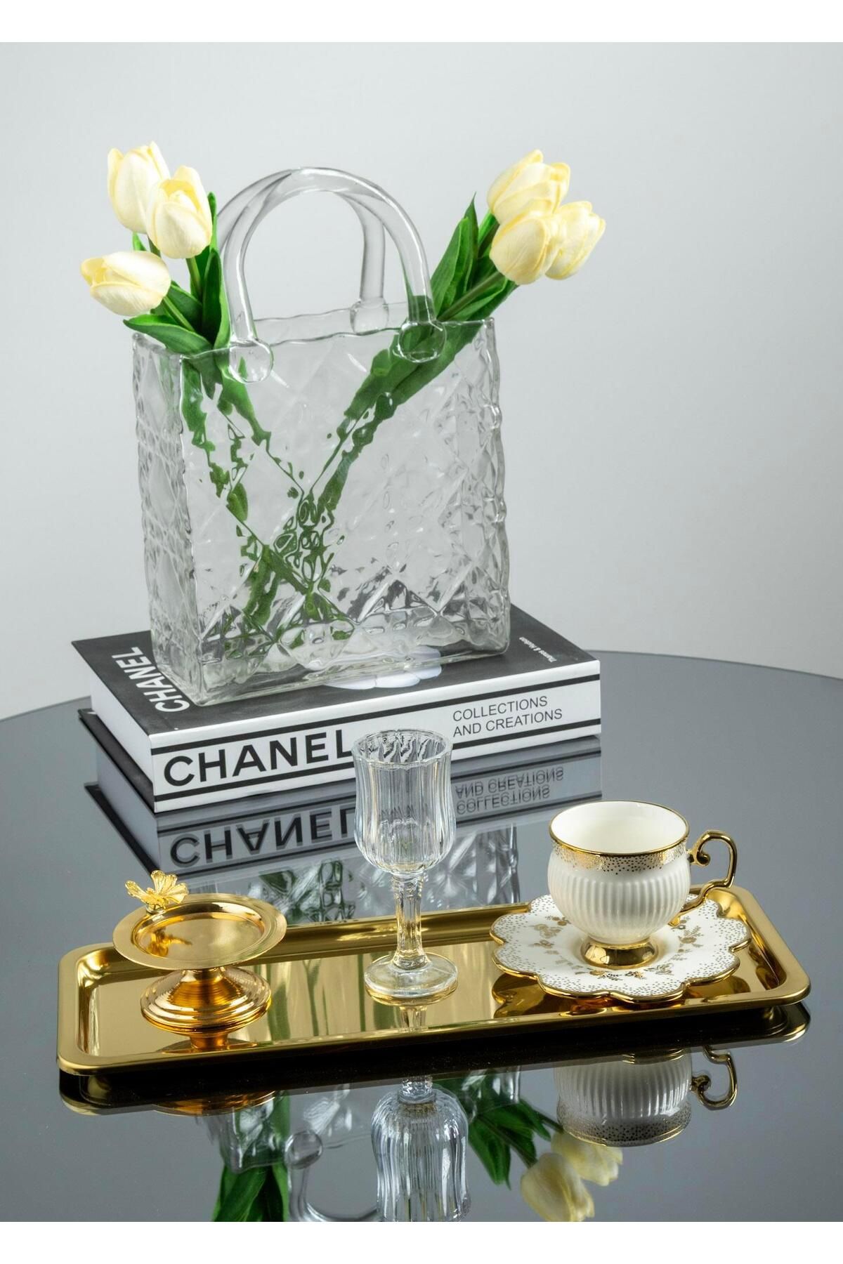 Yaren Style 2'li Lüks Paslanmaz Çelik Gold Baton Tepsi Seti – Çay, Kahve, Pasta, Sunum ve Çeyiz İçin Dekoratif S