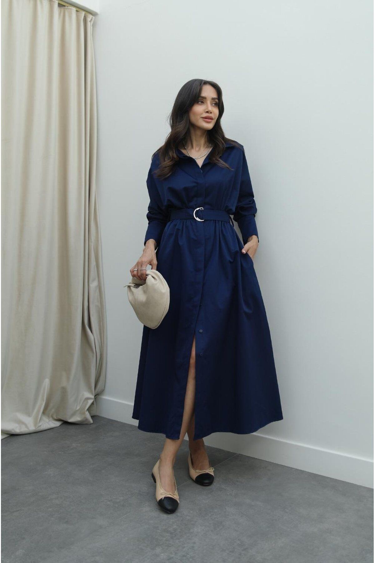 Hotfashion Uzun Kollu Kemerli Gömlek Elbise