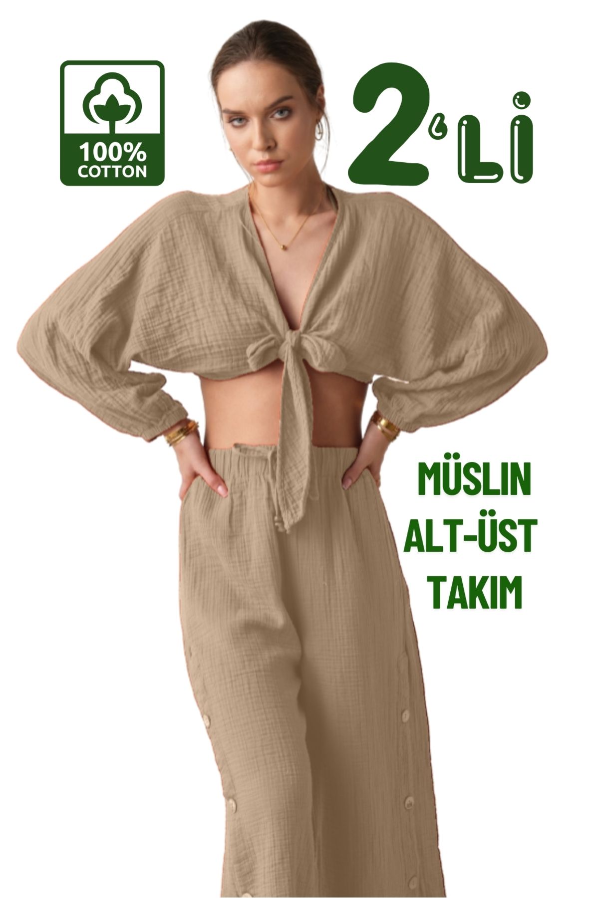 clavia Müslin Pantolon, Crop Büstiyer Alt-üst Yazlık İkili Takım, Rahat Kalıp Bol Paça Yüksel Bel Pantolon